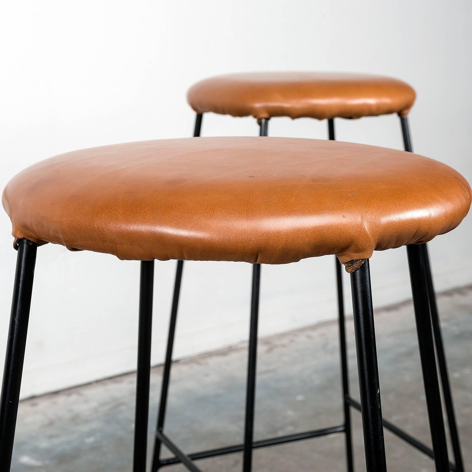 Mid-20th Century Set of Four Iron Barstools with Caramel Leather Seats, 1960s