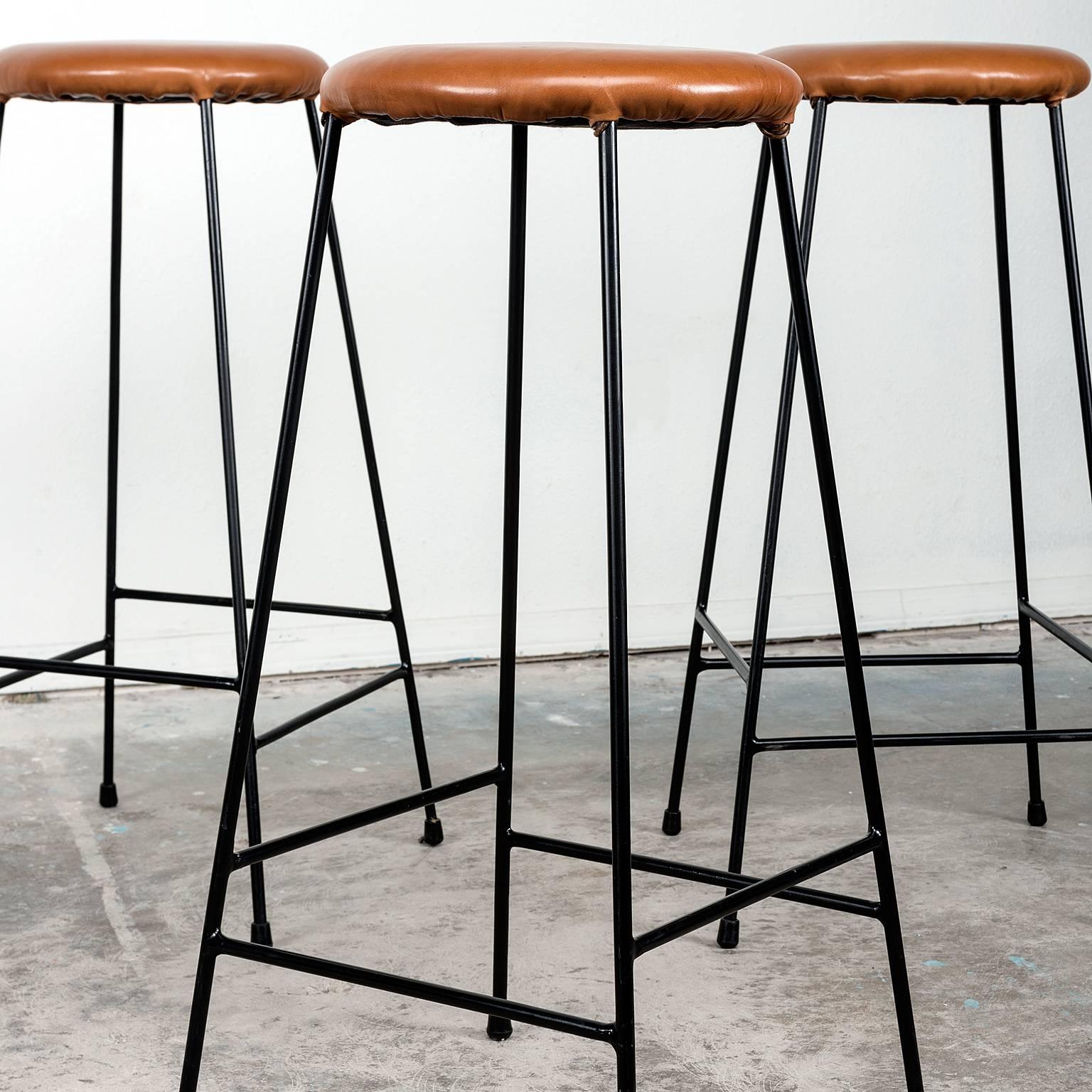 Set of Four Iron Barstools with Caramel Leather Seats, 1960s 2