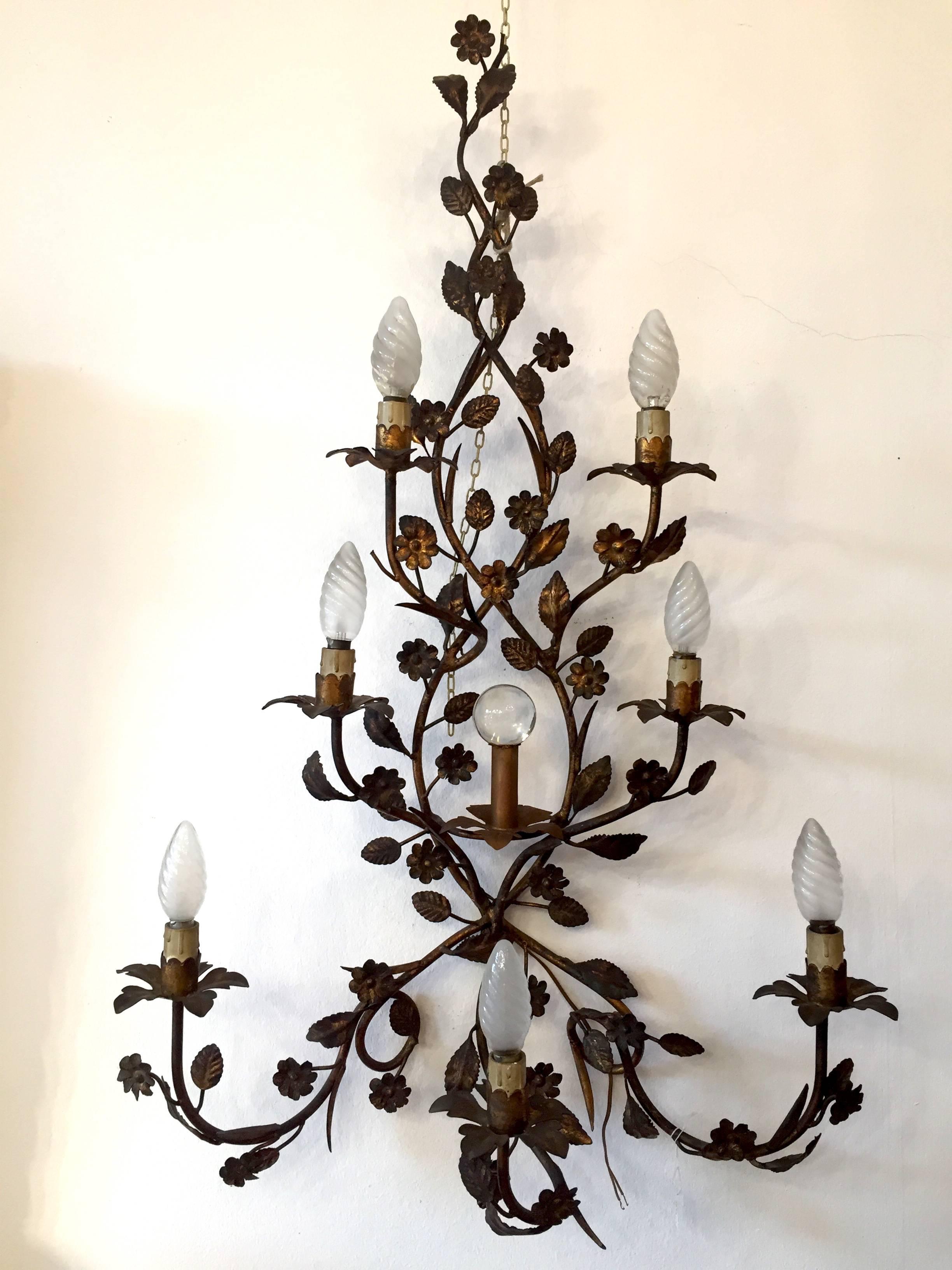 Italian Pair of Large Sconces 20th Century Seven-Light Wrought Iron Wall Lights In Good Condition In Milan, IT
