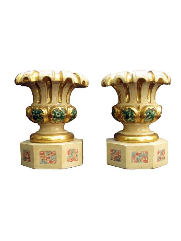 Pair Of 18th Century Italian Carved Painted And Giltwood Vases