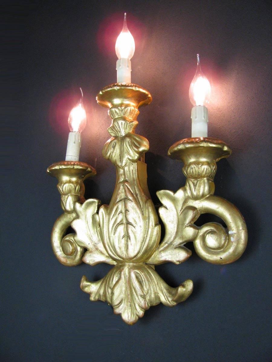 Pair of 19th Century Italian Sconces Carved Gilt Wood Three-Light Wall Lights 4