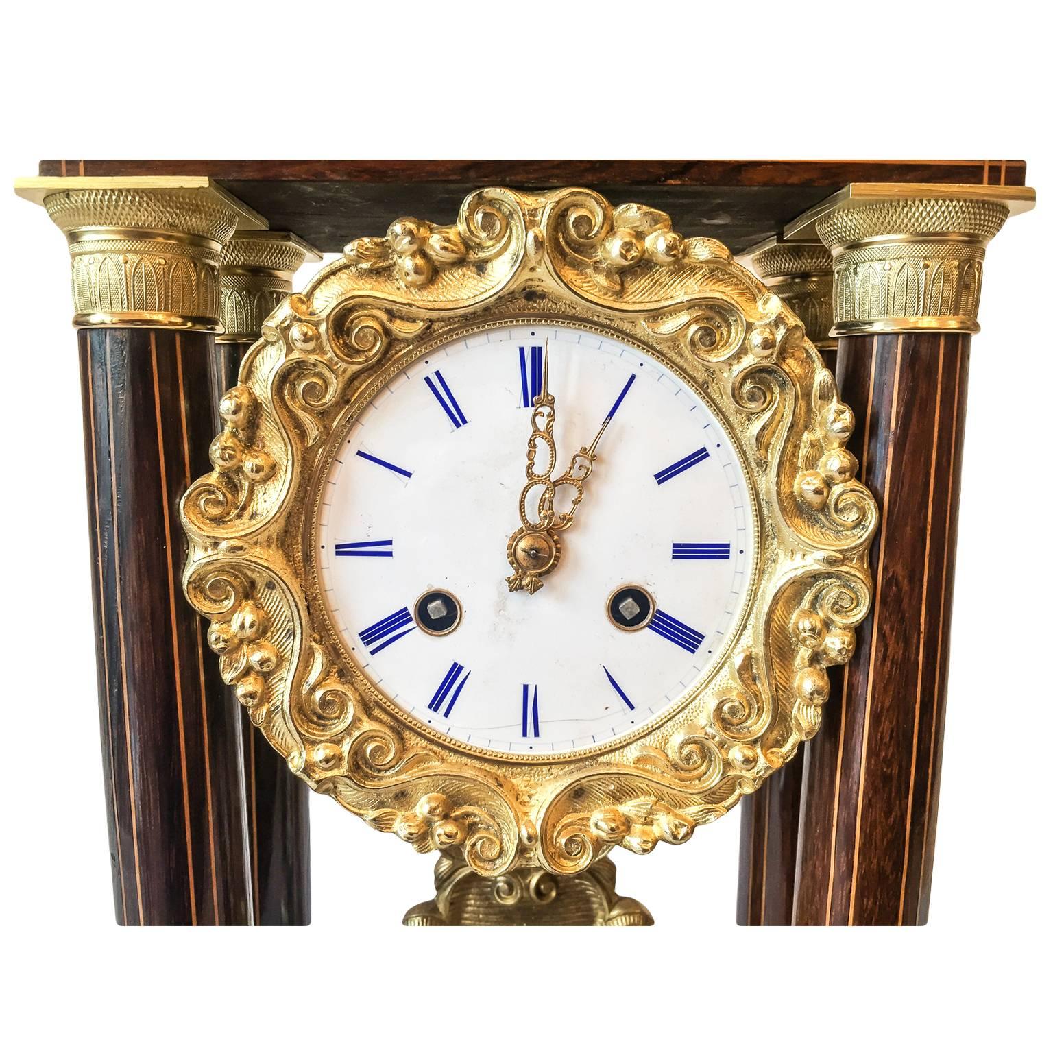 French 19th Century Napoleon III Inlaid  Walnut and Ormolu Mounted Portico Table Clock