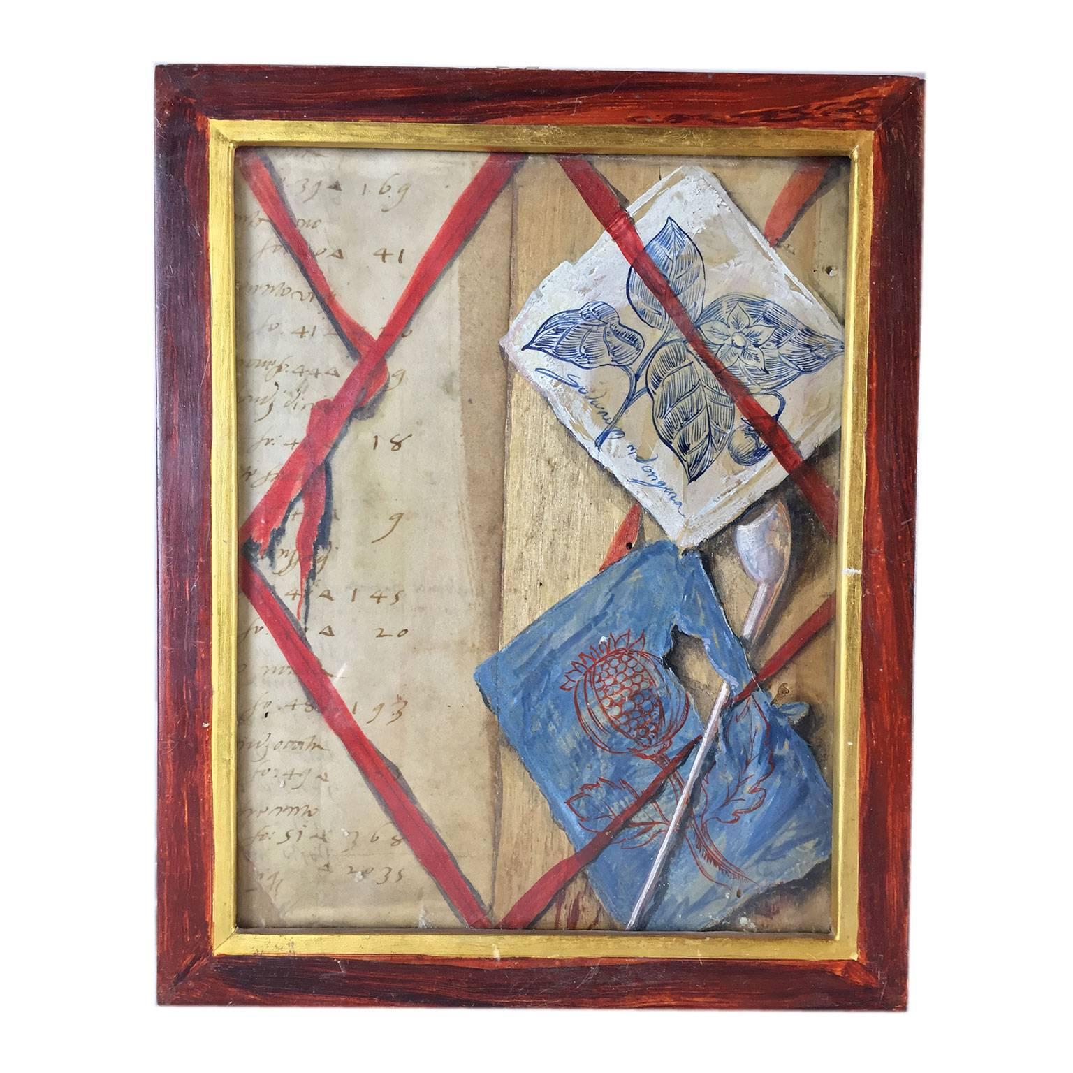 Six Trompe l'Oeil, a group of six paintings on fir-tree panes with red frames, pen, ink, and watercolour on paper. 
These are six delightful panels, displaying collections of paper objects designed to deceive both the eye and the touch, consisting