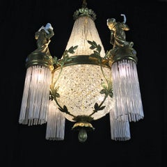 French Art Nouveau Ormolu Crystal Figural Porcelain Eight-Light Chandelier