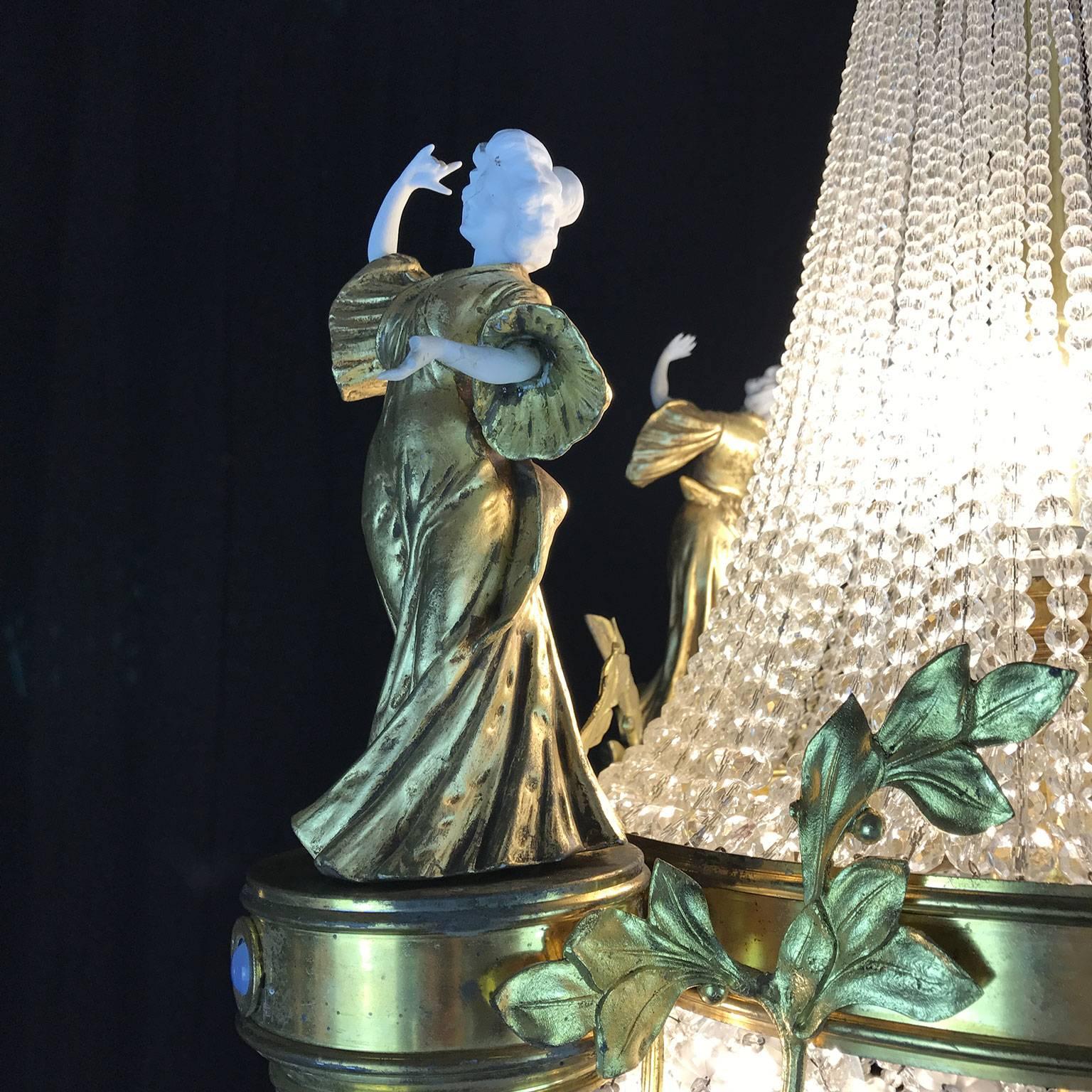 20th Century French Art Nouveau Ormolu Crystal Figural Porcelain Eight-Light Chandelier 