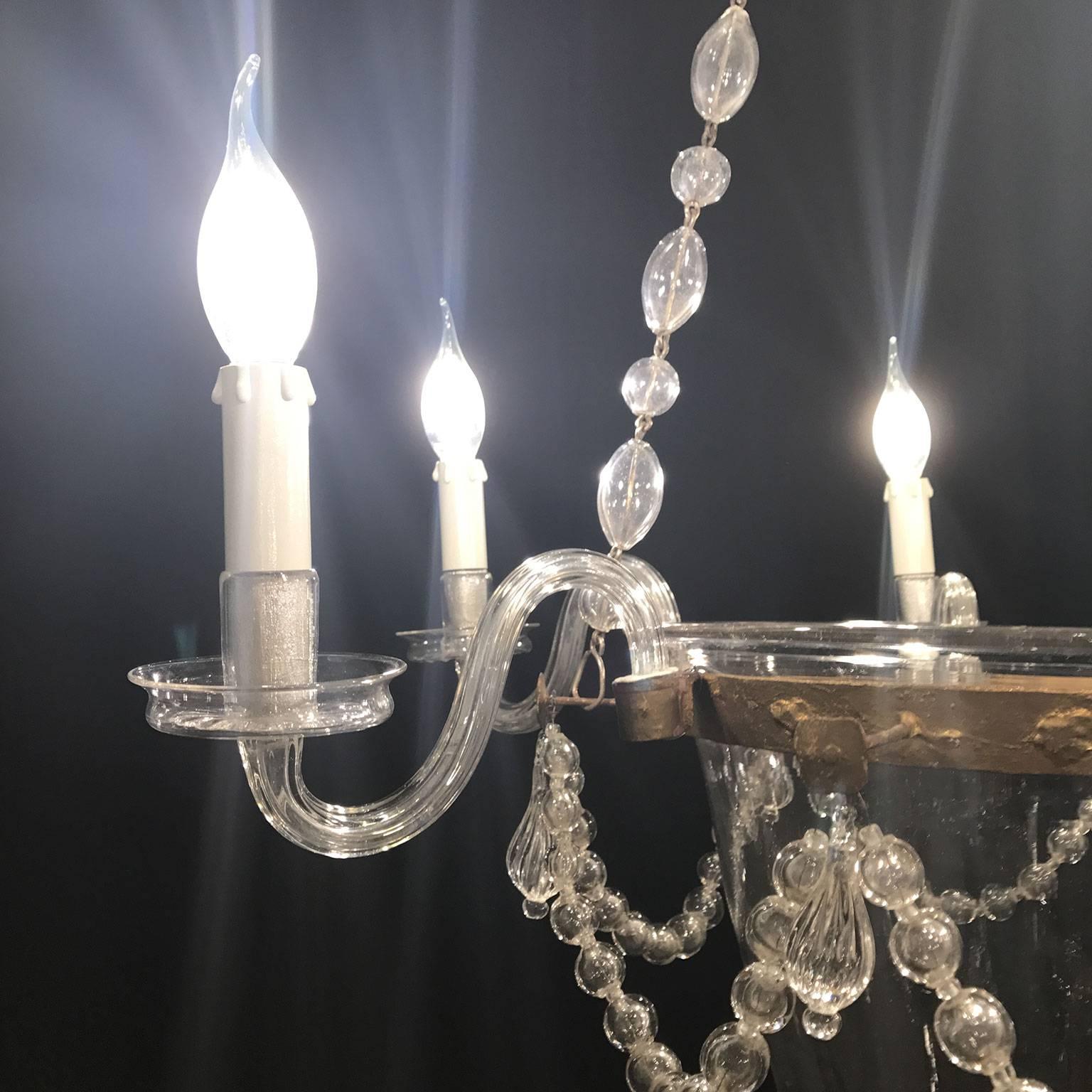Gilt 19th Century Venetian Clear Murano Glass Six-Light Chandelier