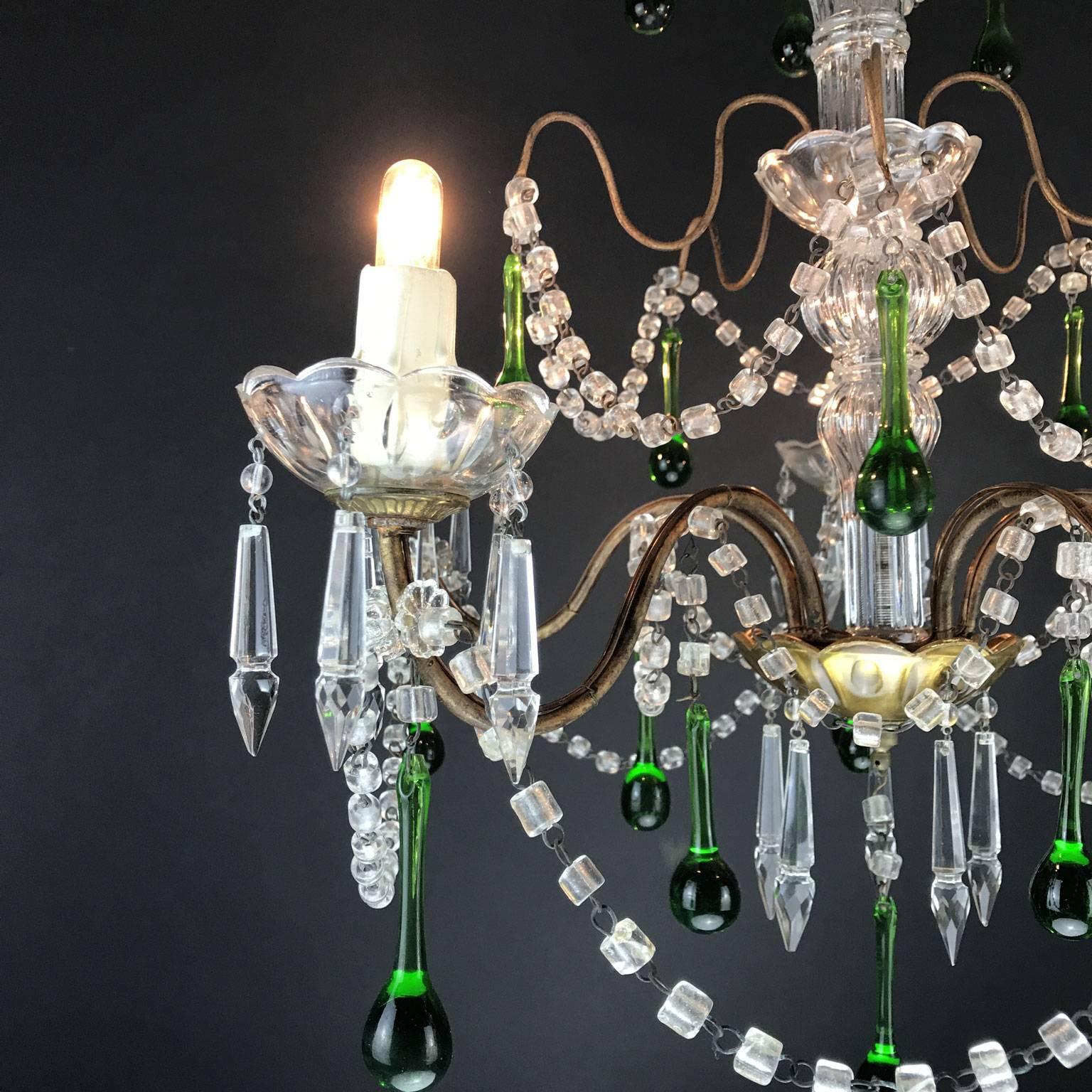 Gilt Vintage Italian Five-Light Crystal Chandelier with Green Crystal Drops 1970s