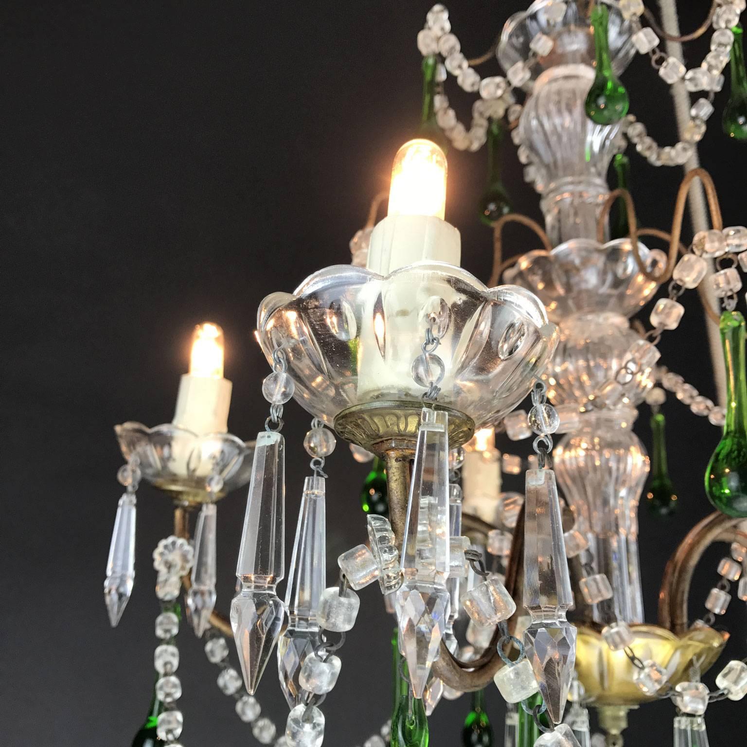 20th Century Vintage Italian Five-Light Crystal Chandelier with Green Crystal Drops 1970s