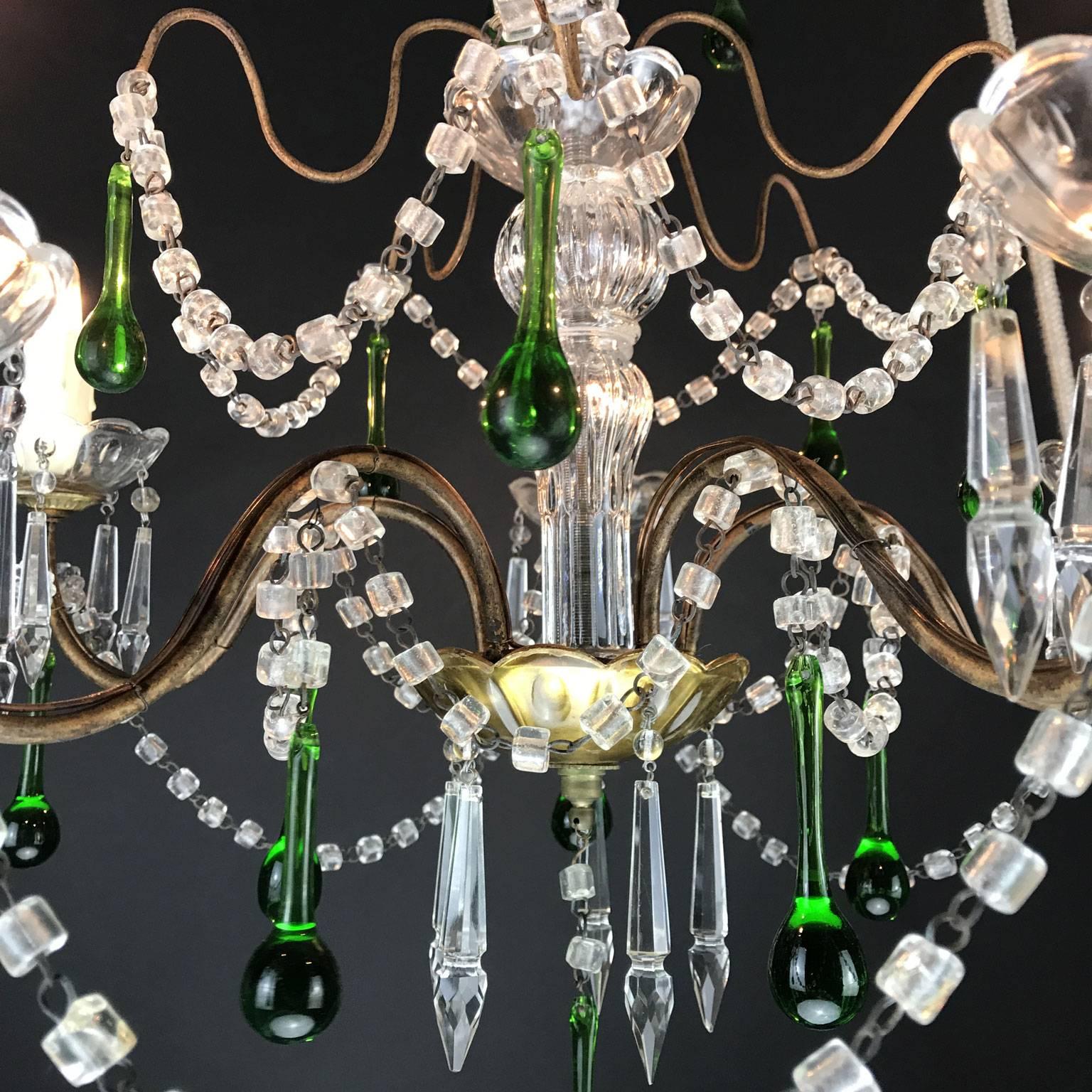 Vintage Italian Five-Light Crystal Chandelier with Green Crystal Drops 1970s In Good Condition In Milan, IT