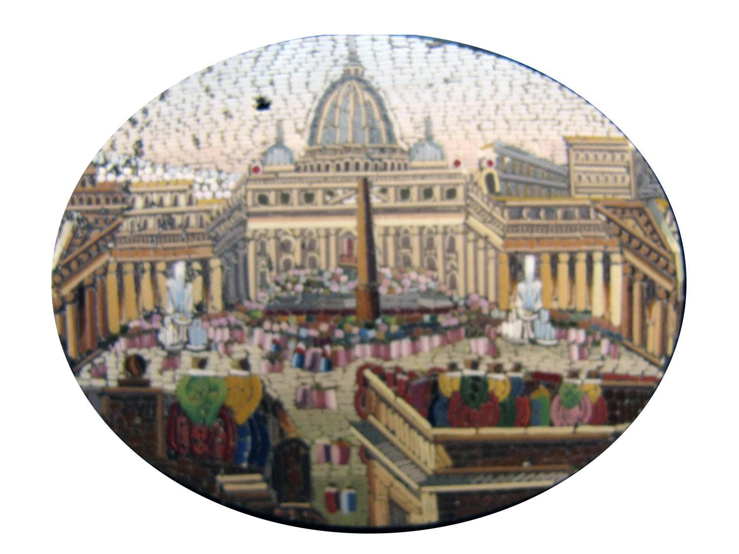 This is a Grand Tour brooch, a late 19th century era souvenir from Italy.
Tourists in Rome visited the plaza of St. Peter’s Square (Piazza San Pietro) in front of St. Peter’s Basilica in Vatican City, which is depicted with Bernini’s stunning