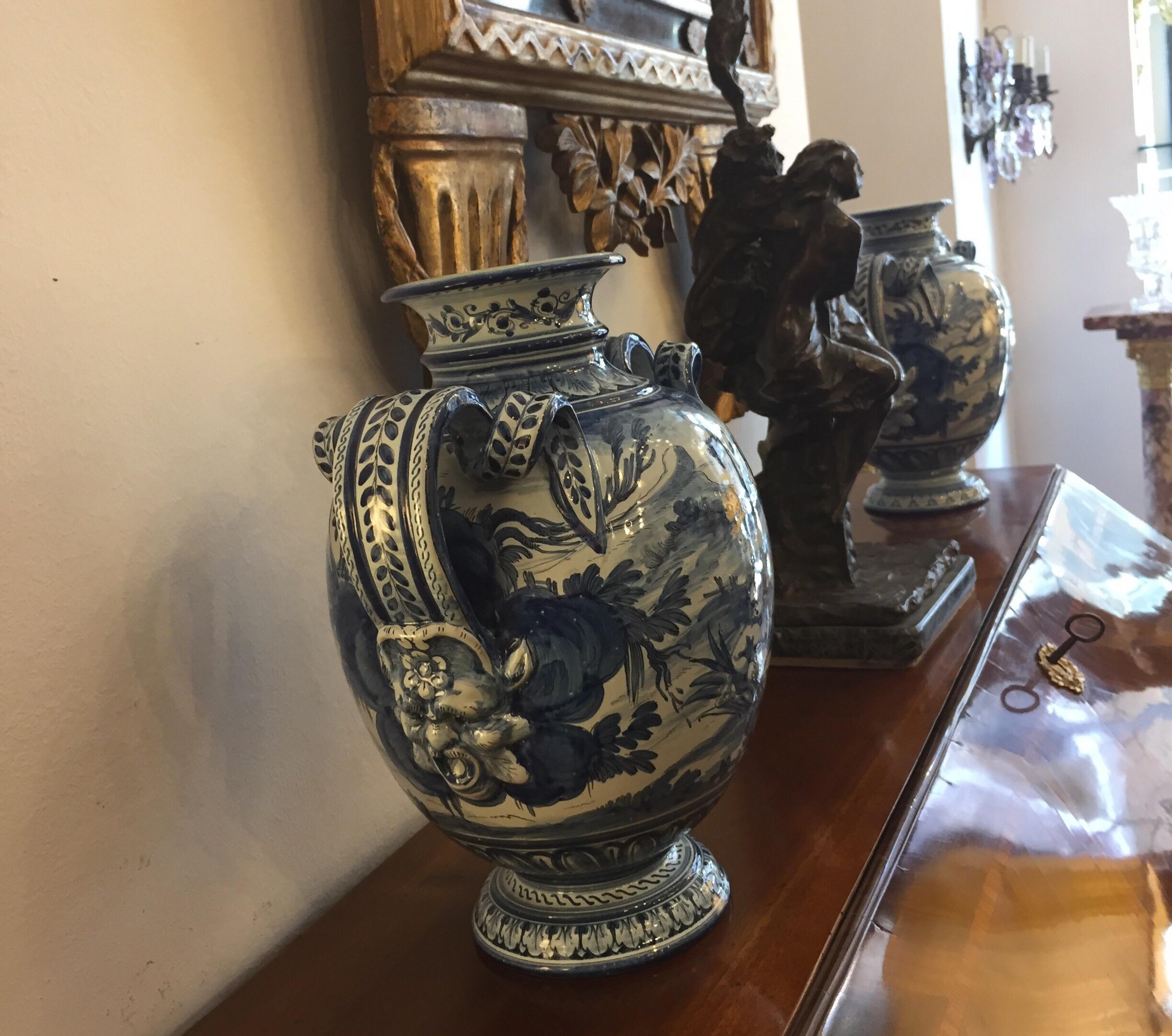 Pair of Italian Vases 20th Century Blue and White Maiolica Savona Vases 13