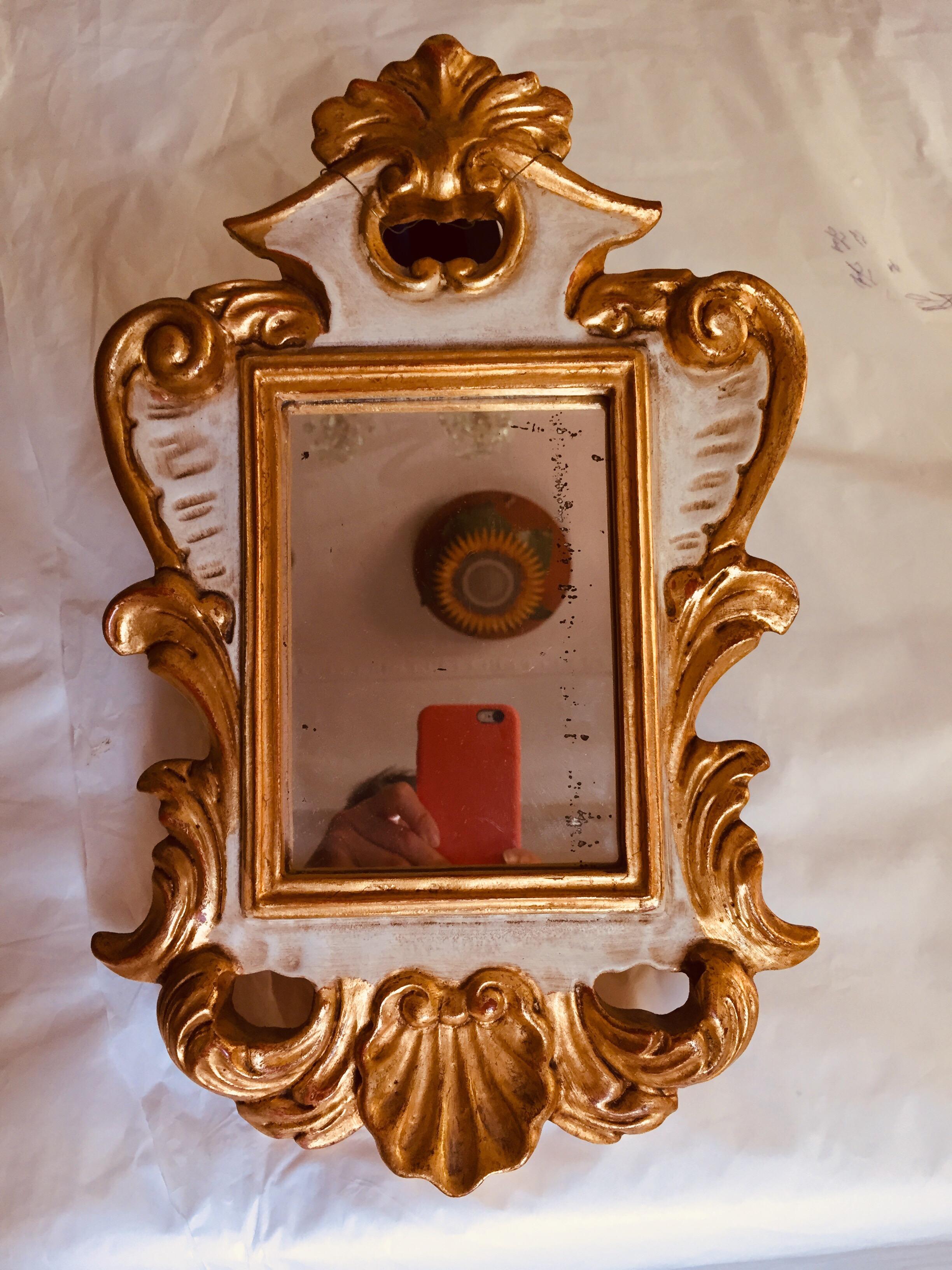 20th Century Italian Small Mirror Carved Giltwood and Ivory Painted 11