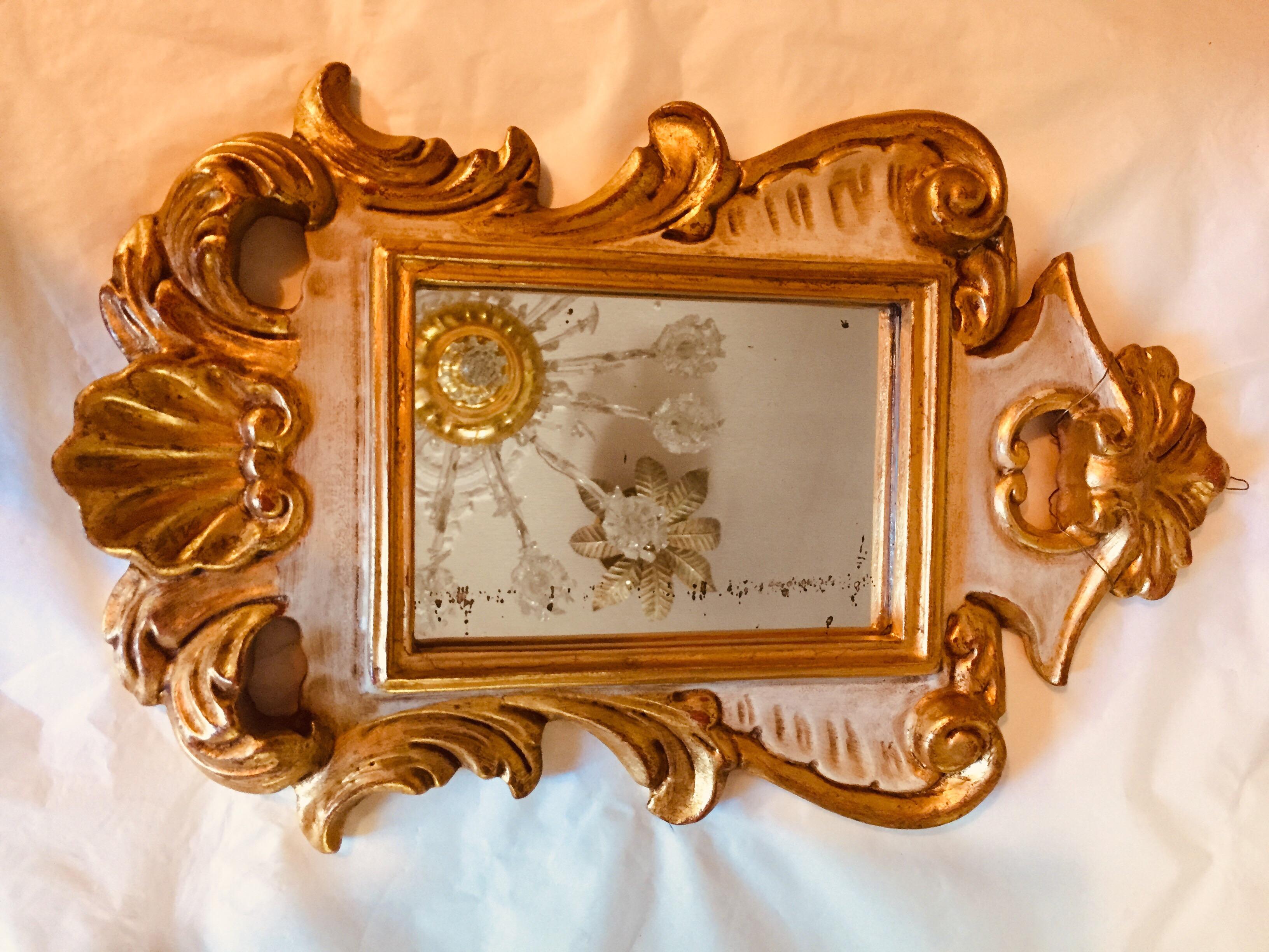 20th Century Italian Small Mirror Carved Giltwood and Ivory Painted 14