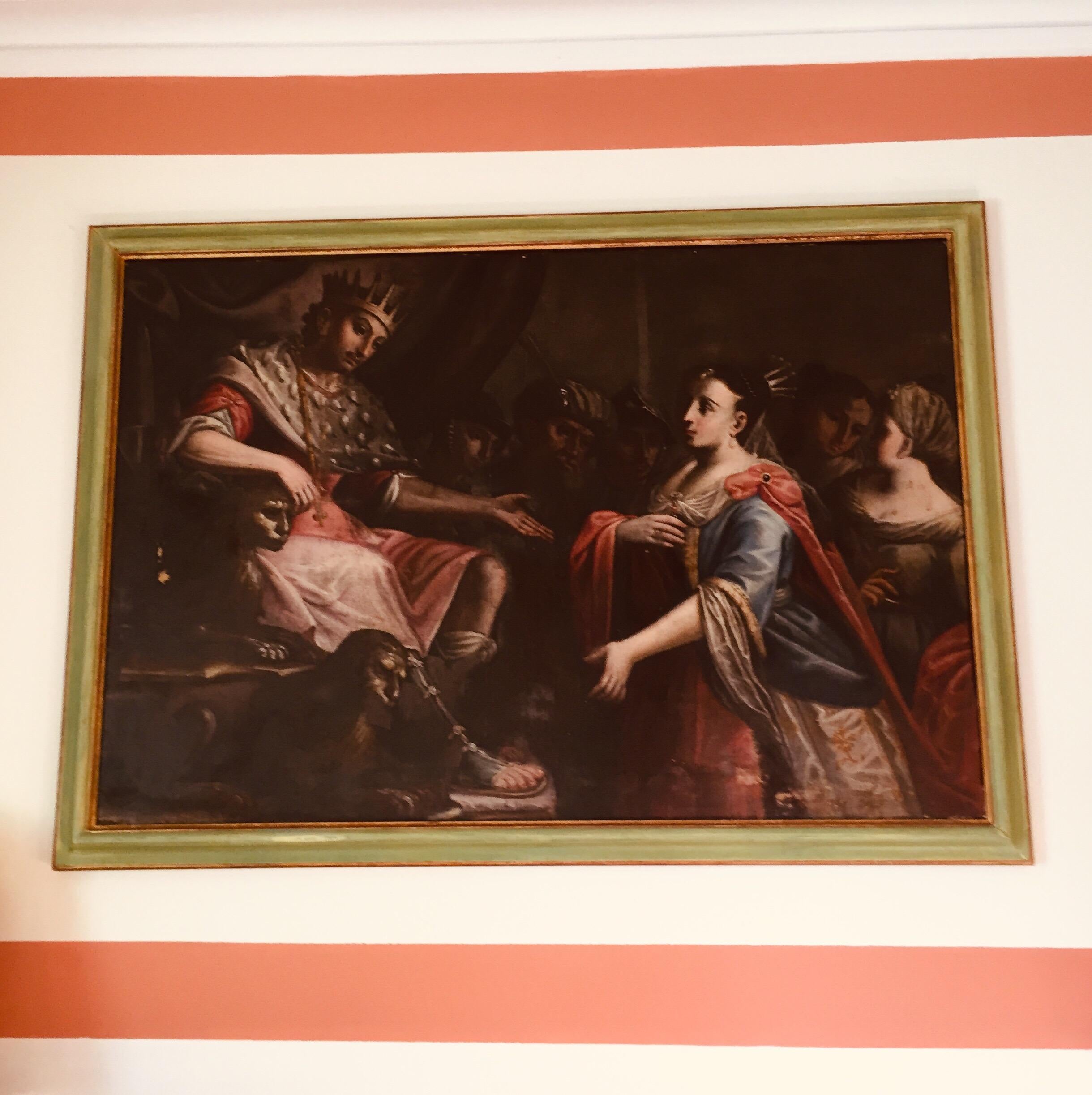 Esther and King Ahasuerus large oil on canvas biblical painting with figures, dating back to late 18th century, Italian School, 1780 circa, in fair age related condition, framed. 

According to the Hebrew Bible, Esther was a Jewish Queen of the