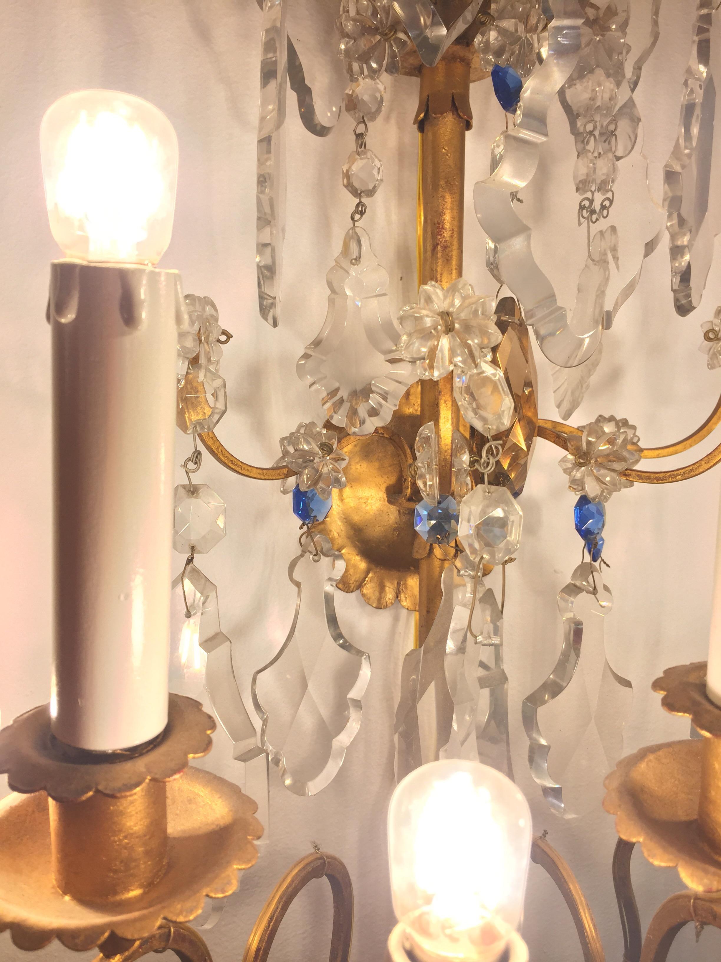 20th Century Pair of Large Italian Crystal Sconces Gilt Iron Baguès Style 12