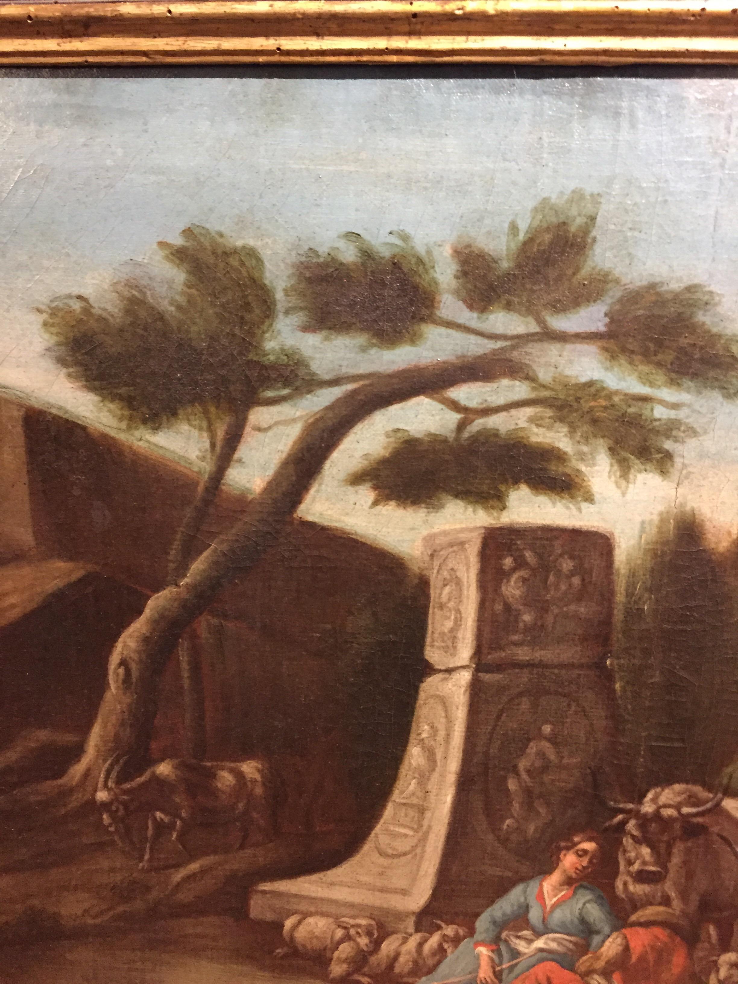 Italian 18th Century Neoclassical Bucolic Landscape with Ruins Figures Herds 8