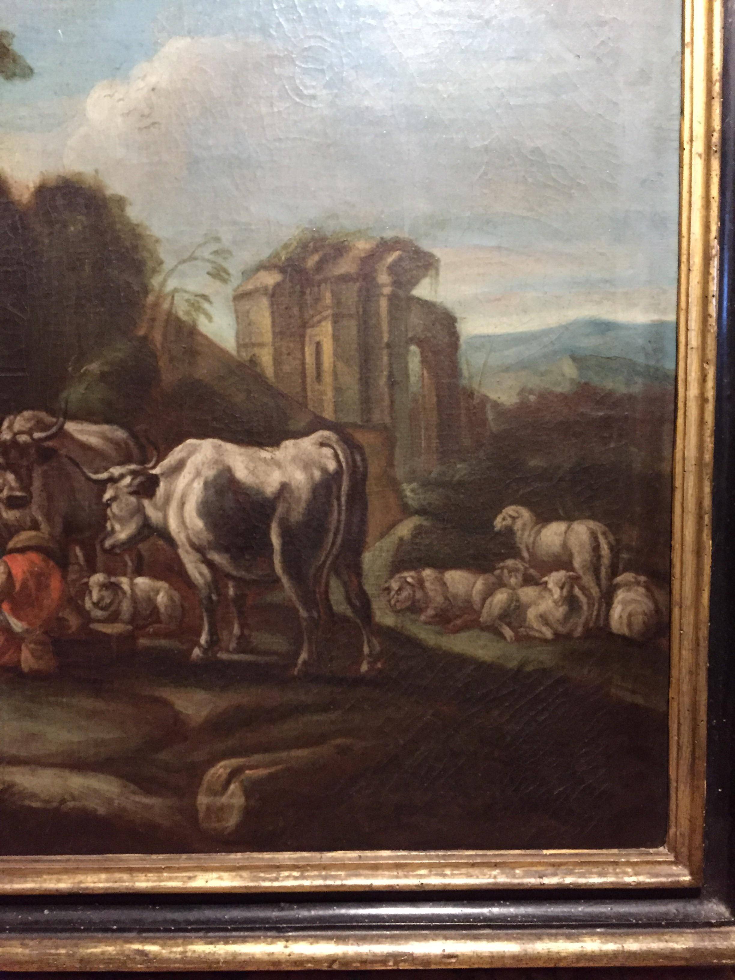 Italian 18th Century Neoclassical Bucolic Landscape with Ruins Figures Herds 9
