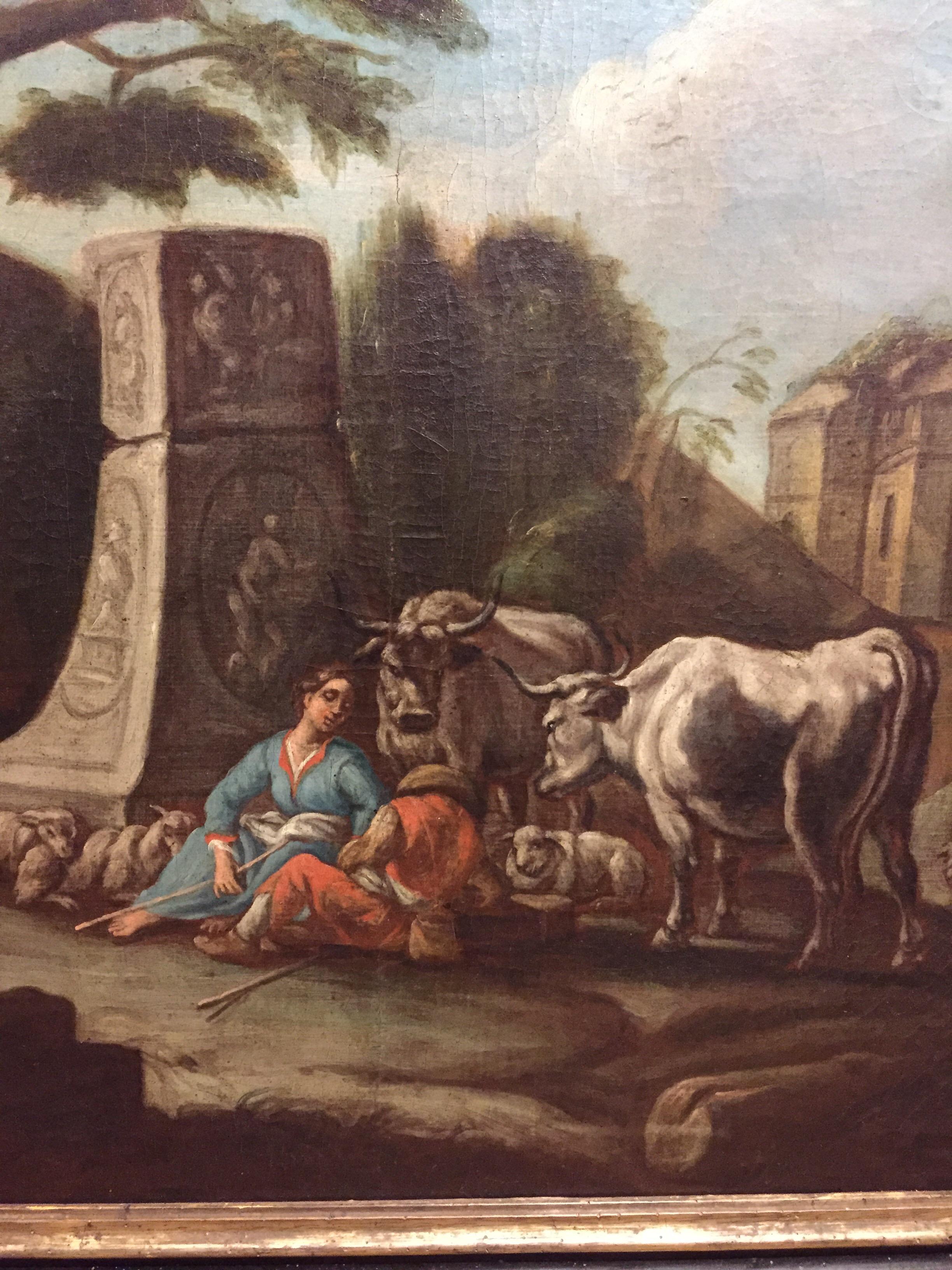 Italian 18th Century Neoclassical Bucolic Landscape with Ruins Figures Herds 13