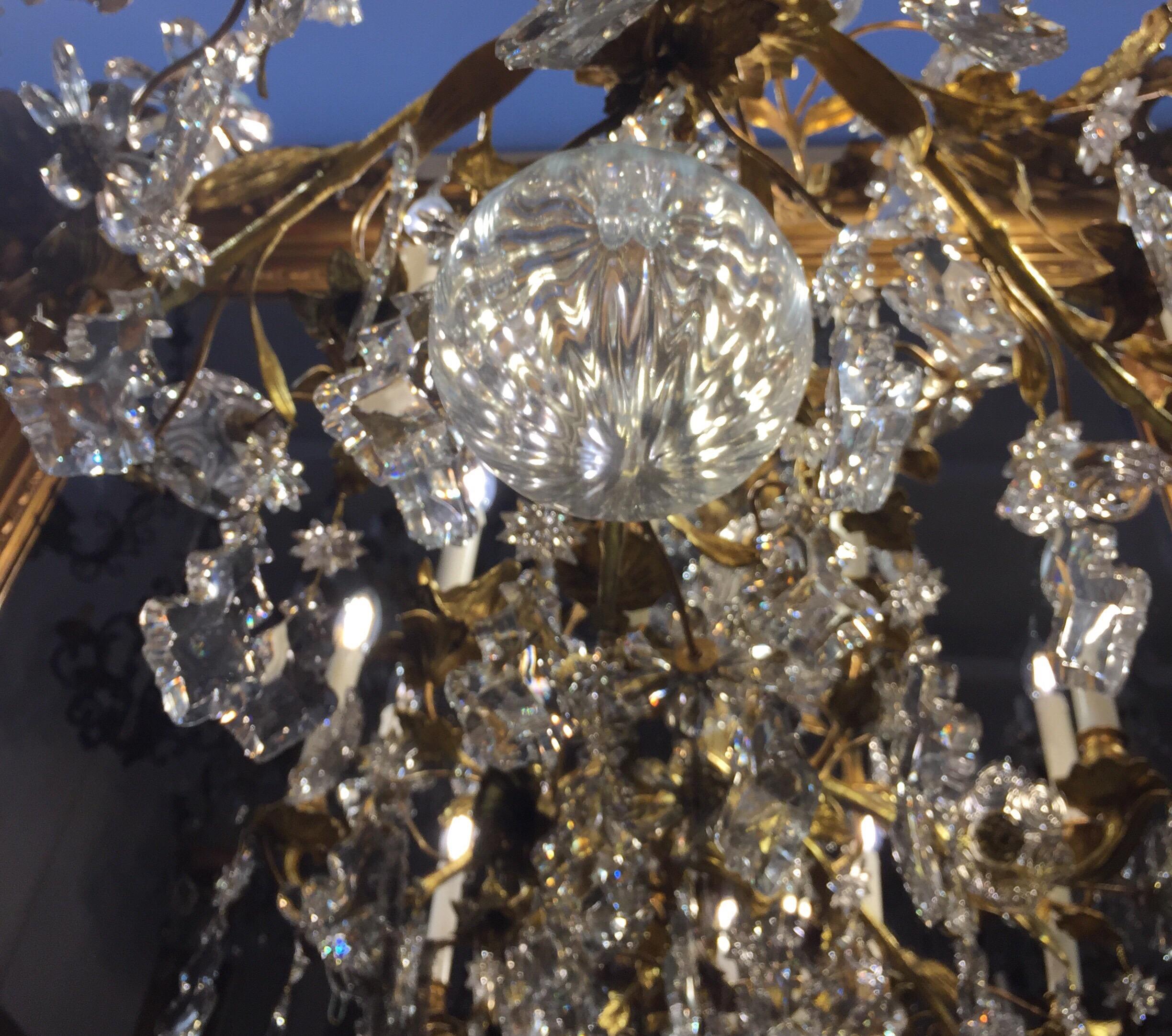 19th Century French Fire Gilt Bronze Crystal Twelve-Branch Floral Chandelier For Sale 16