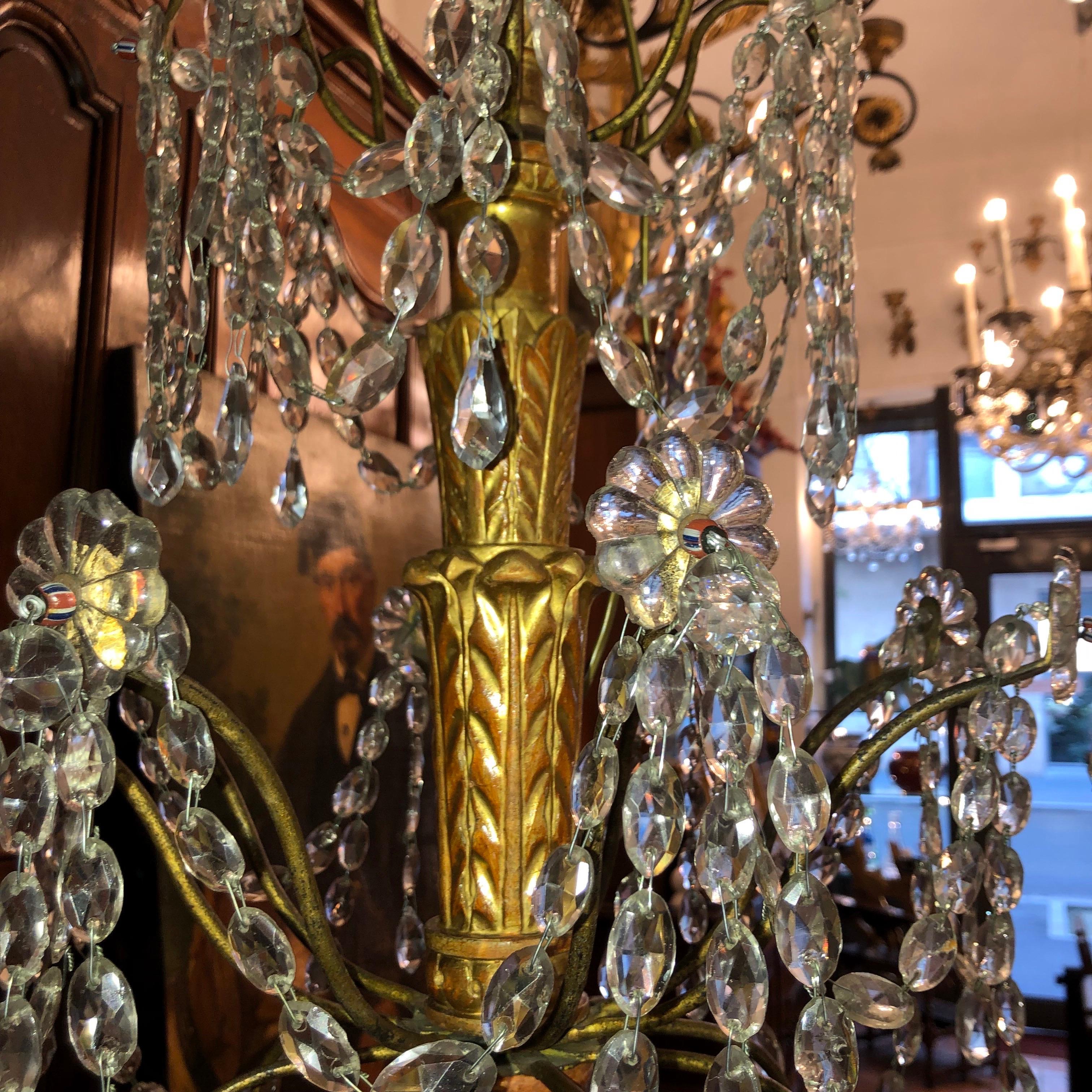 1780 Genovese Italian Empire Chandelier in Gilded Wood and Crystal Eight Lights 7