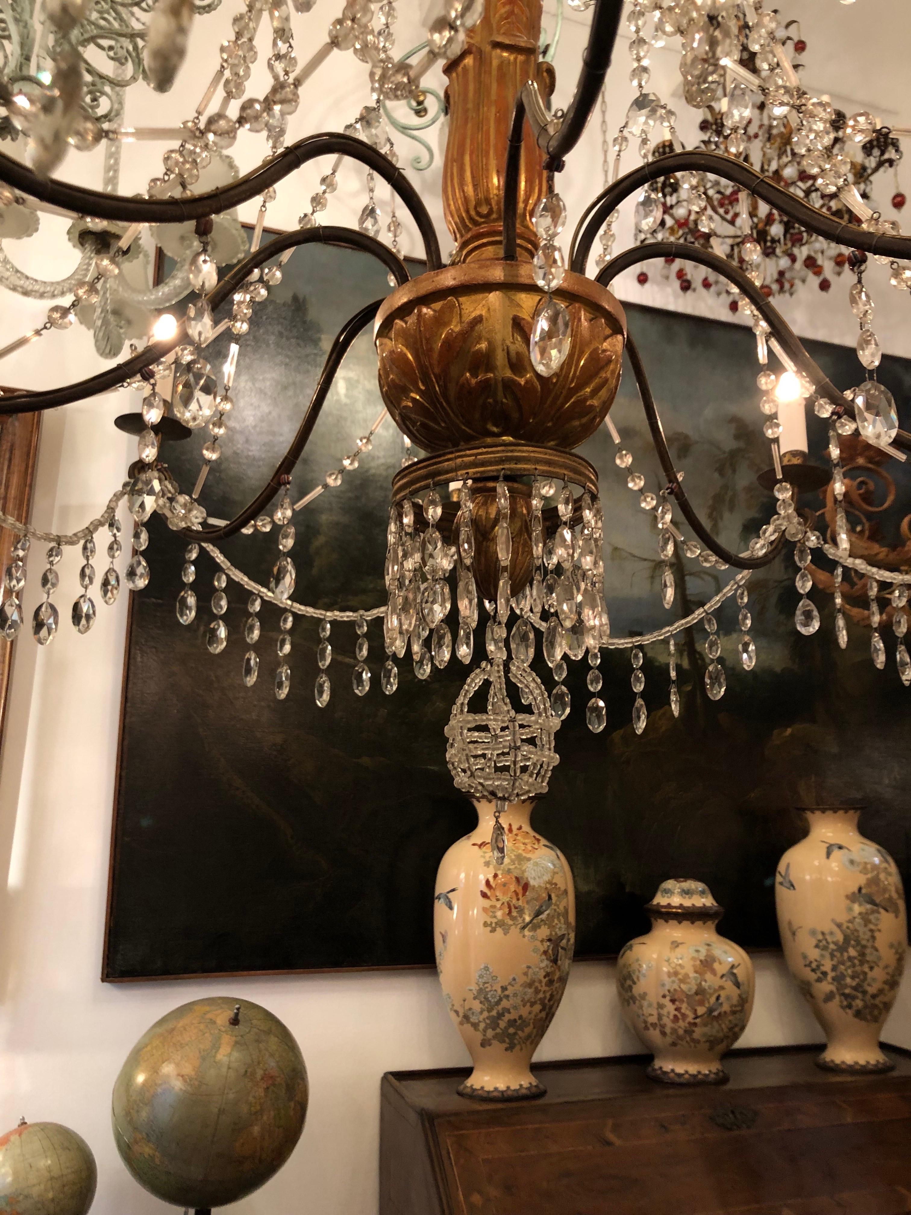 1780 Genovese Italian Empire Chandelier in Gilded Wood and Crystal Eight Lights 6