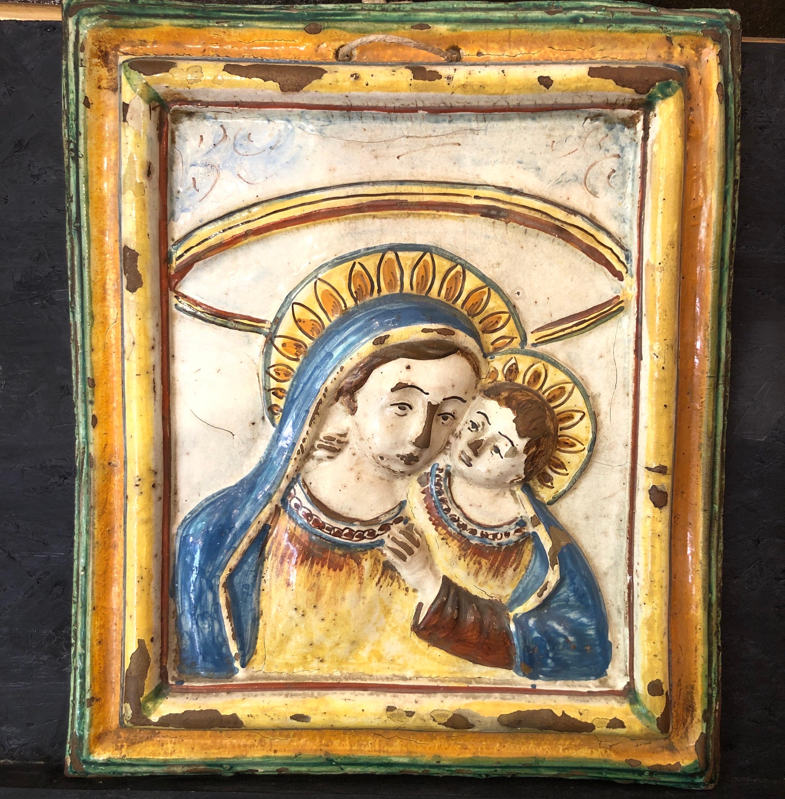 17th Century Italian Faience Madonna with Child Relief Wall Plaque For Sale 6
