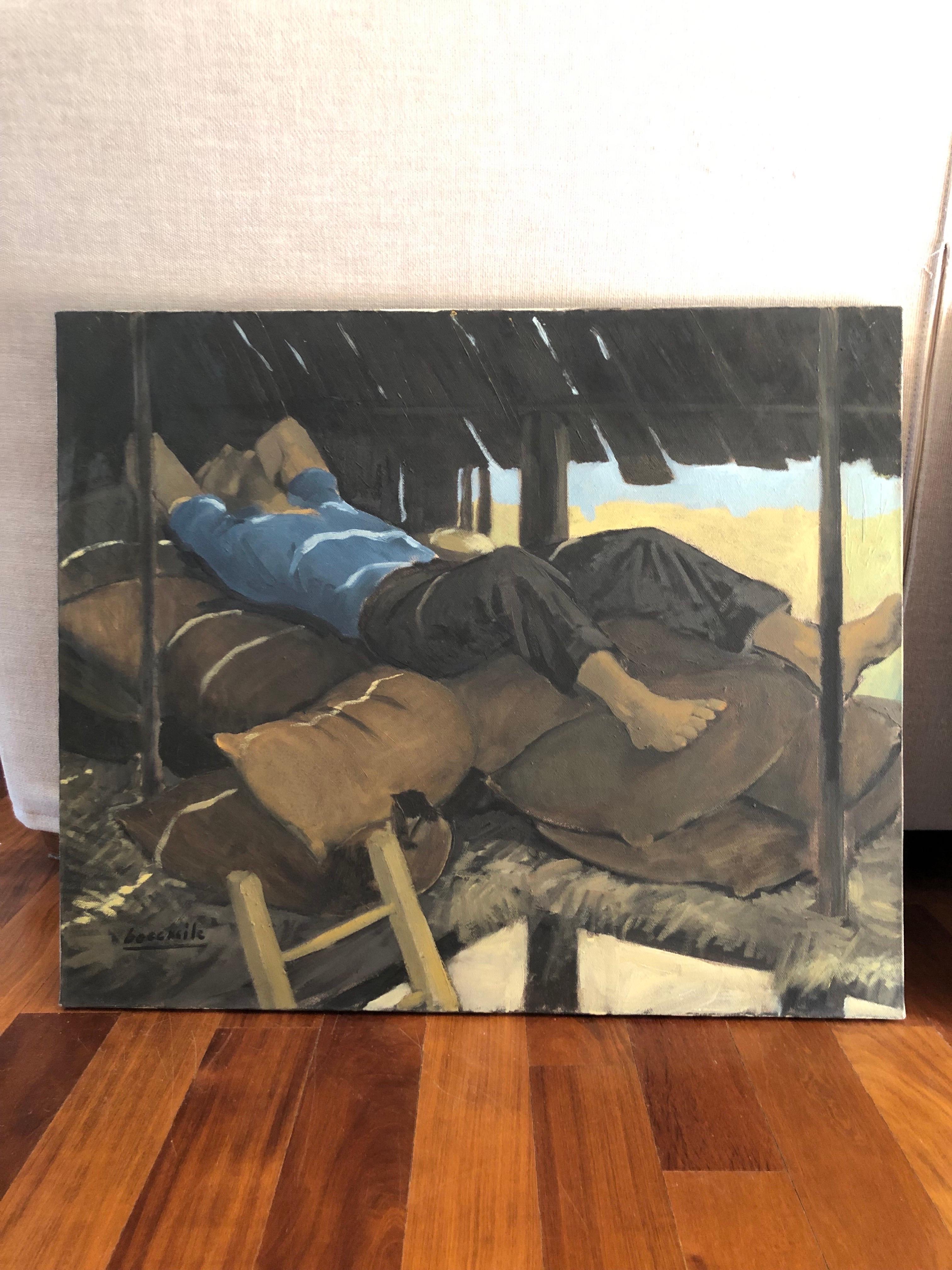 Resting Farmer, Italienisches figuratives Gemälde von Bocassile, 1978 im Angebot 3