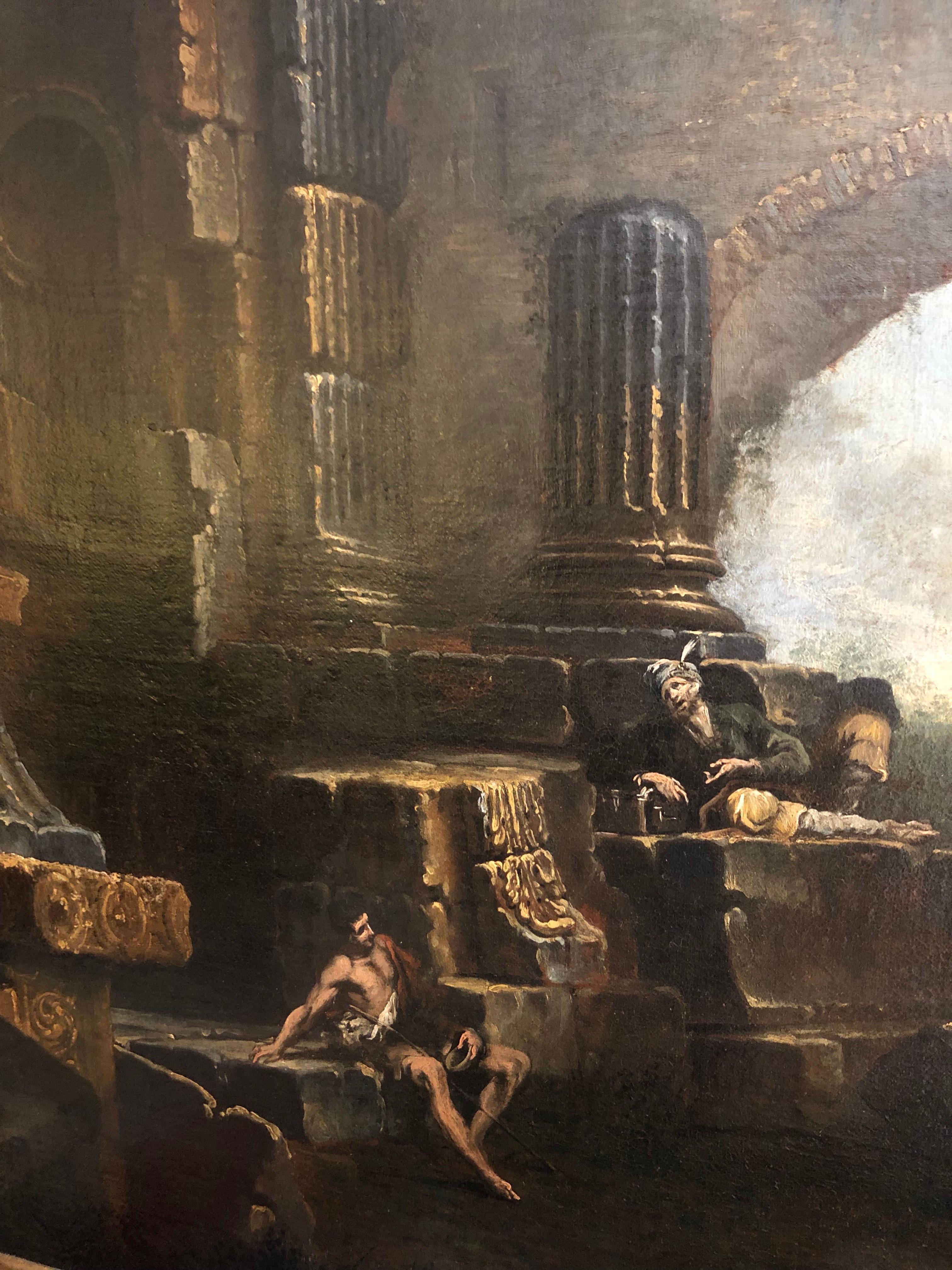 Grande Paesaggio con Rovine e Figure Capriccio Italiano XVIII Secolo im Angebot 12