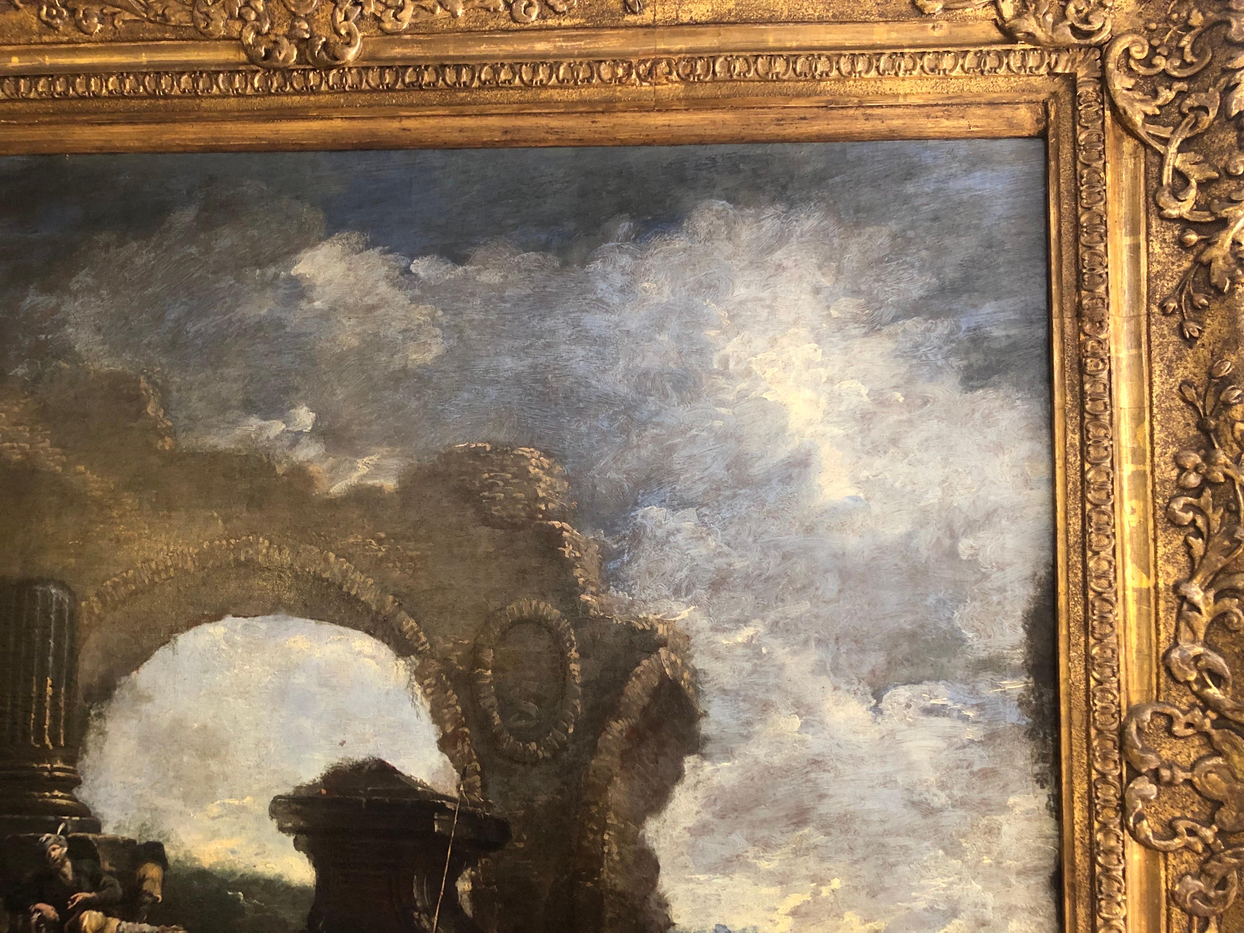 Grande Paesaggio con Rovine e Figure Capriccio Italiano XVIII Secolo im Angebot 13