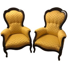 Antique Pair of Italian Armchairs 19th Century Louis Philippe Gold Upholstery Walnut