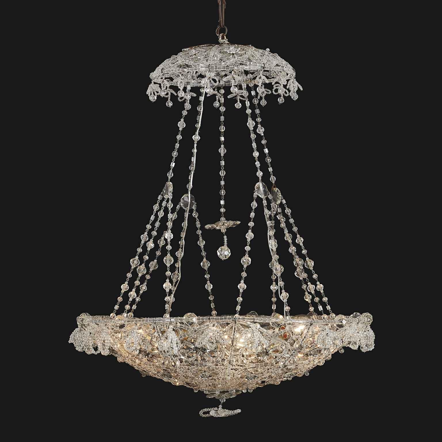 A stunning made in Italy chandelier with six lights and over thousands of crystal beads, strung and woven by hand to create flowers and floral patterns.

This unique and exclusive beaded crystal Italian chandelier is in good condition, it has been