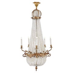 Antique 19th Century French Empire Basket Chandelier Ormolu Crystal Ten-Light Pendant