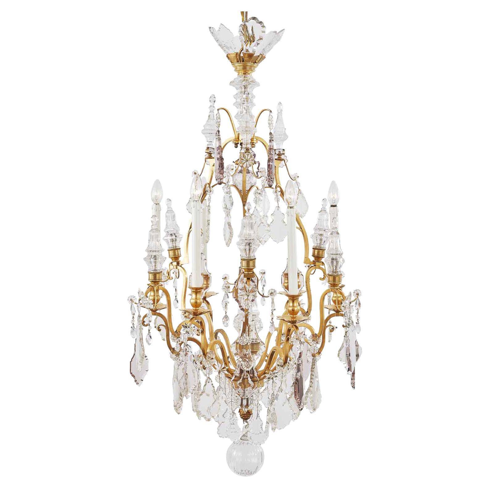 Early 20th Century French Birdcage Chandelier Ormolu with Crystal Spires For Sale