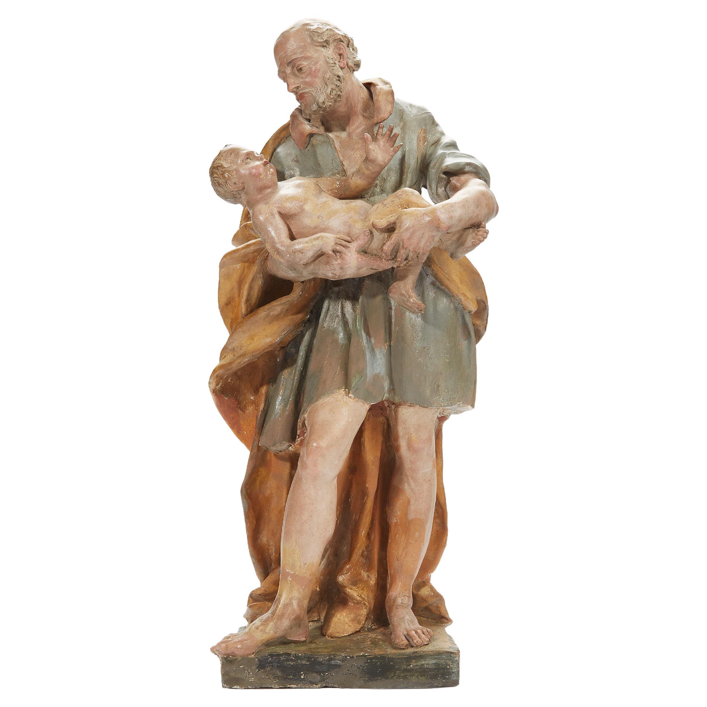 18th Century Italian St Joseph with Infant Jesus Baroque Old Master Sculpture For Sale