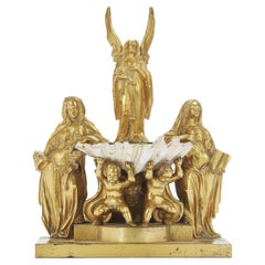 Vintage 19th Century Italian Gilded Holy Water Font with Putti Angel Saints and Shell