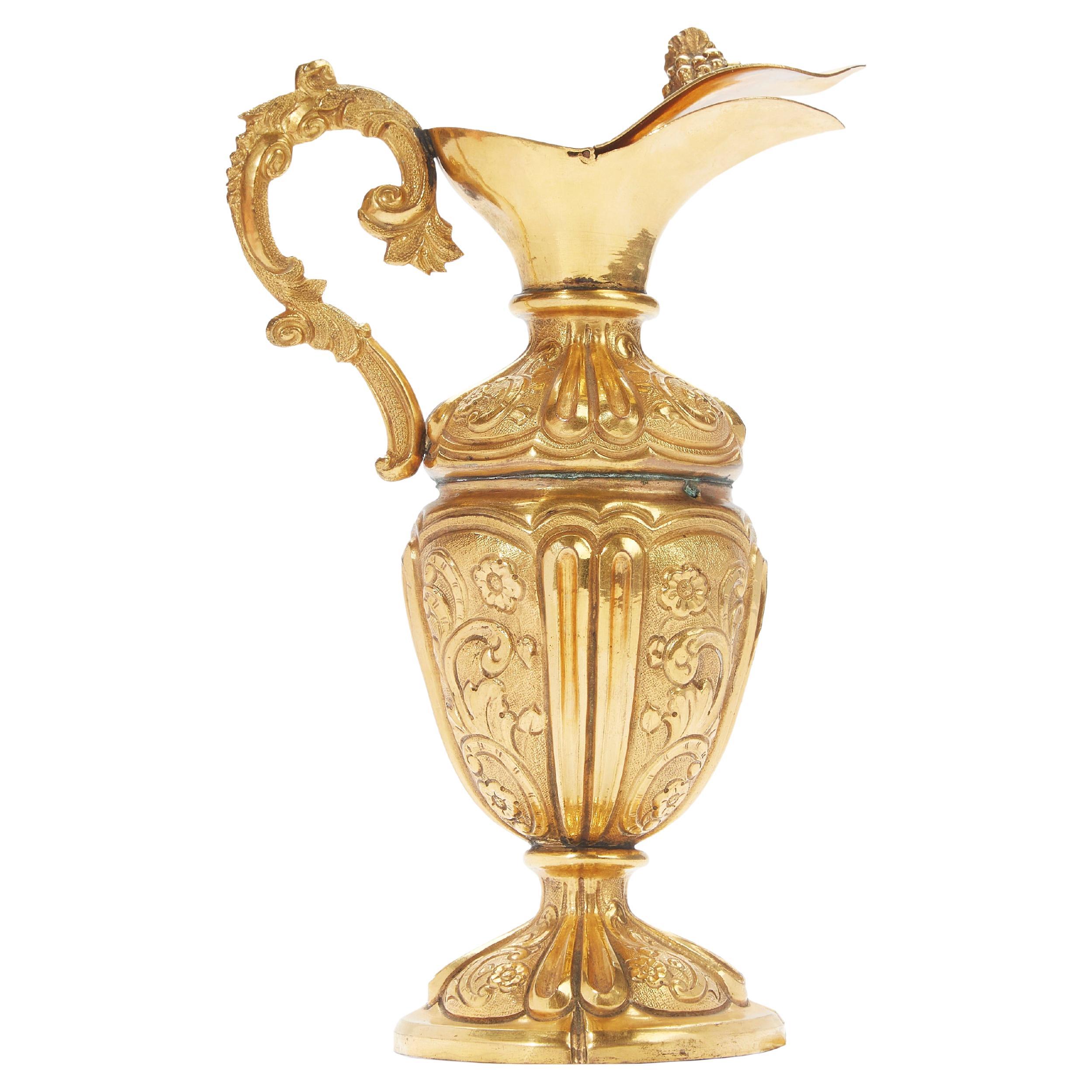 18th Century Italian Baroque Gilded Ewer Repoussé Copper Liturgical Pitcher For Sale