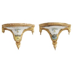 Antique Pair of 18th Century Italian Giltwood and Majolica Wall Brackets