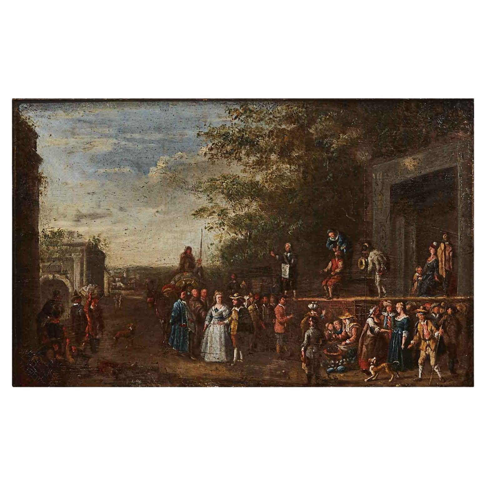 17th Century Flemish Old Master Painting on Copper Italian Comedy Scene For Sale