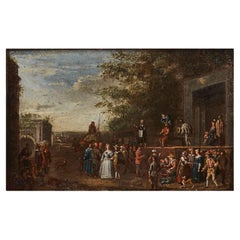 Flämisches Gemälde eines alten Meisters auf Kupfer, italienische Komödie-Szene, 17. Jahrhundert