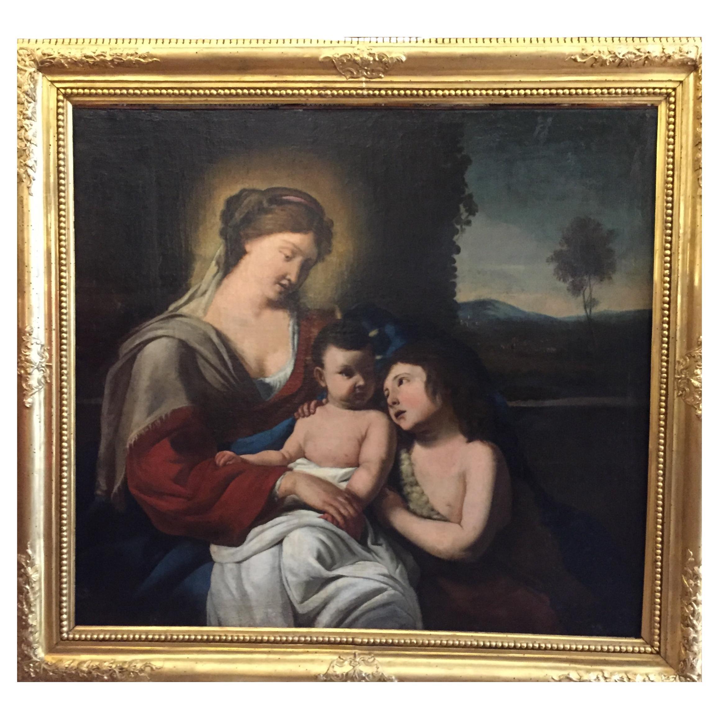 Madonna con Bambino e San Giovannino Dipinto Religioso Italiano 1650 circa