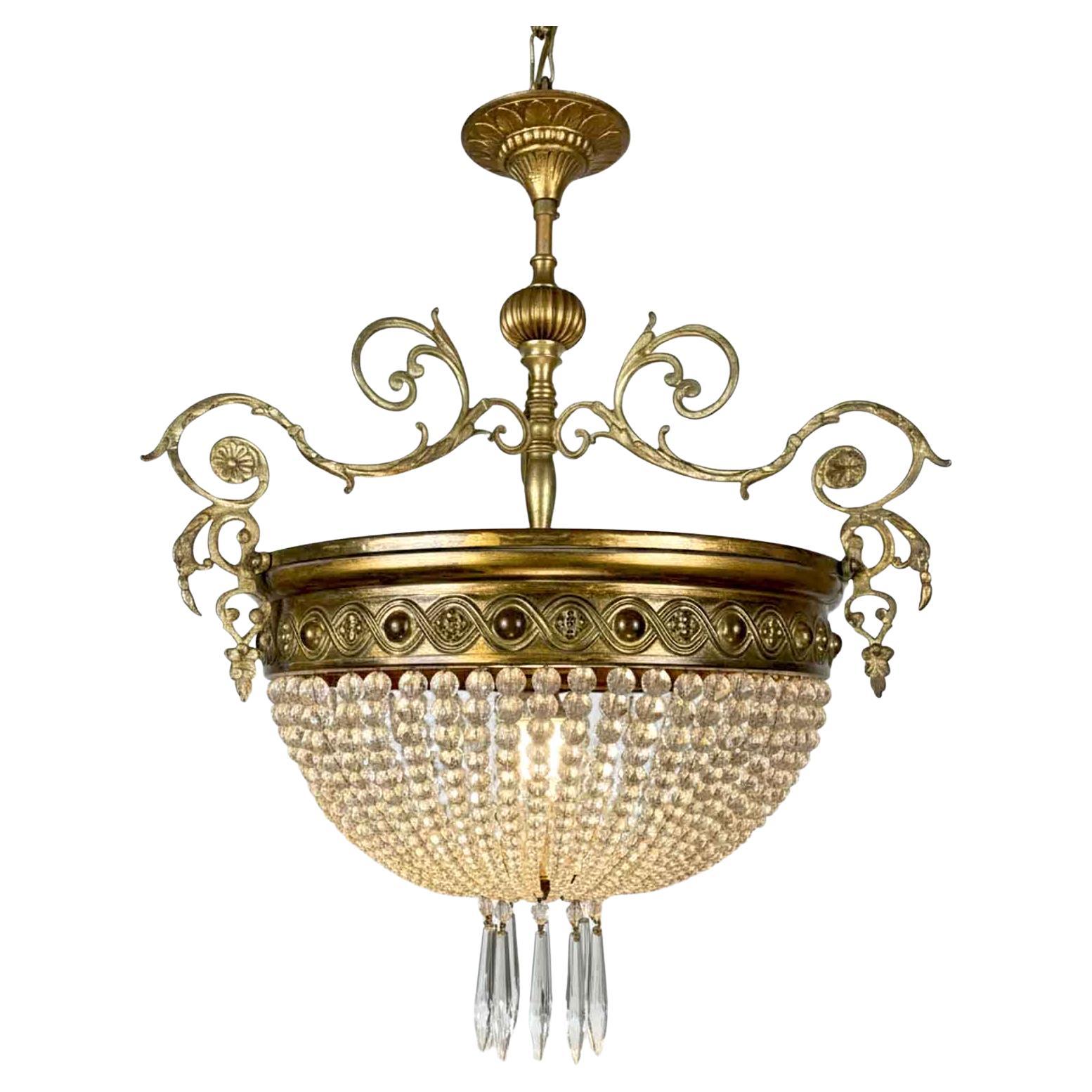 Lampadario Francese Deco a Una Luce Dorato con Perline di Cristallo XX Secolo