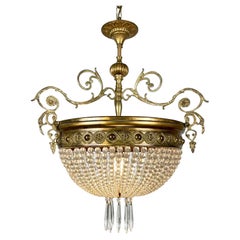 Lampadario Francese Deco a Una Luce Dorato con Perline di Cristallo XX Secolo