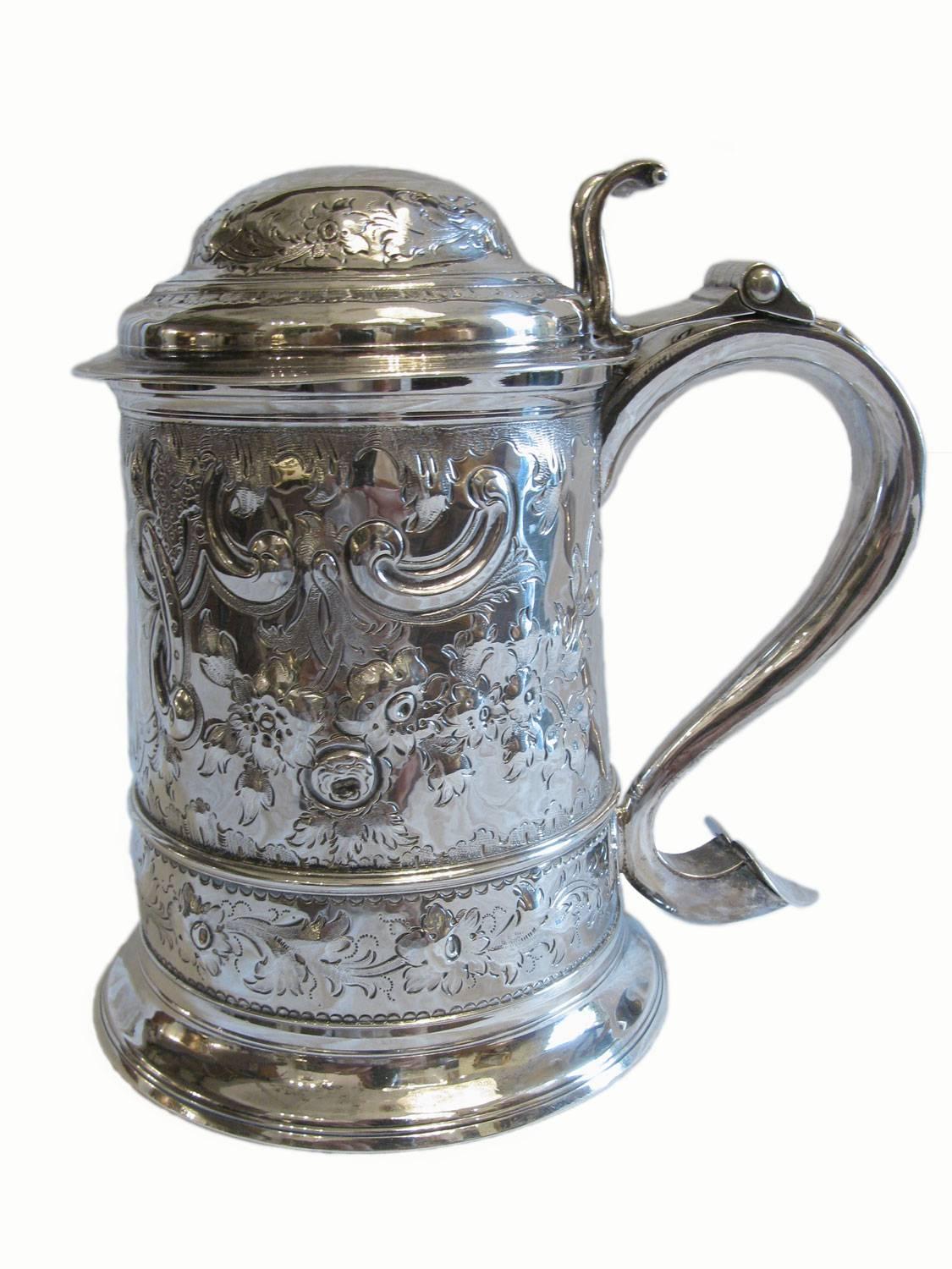 British George III Sterling Silver Lidded Tankard Newcastle, 1772 by John Langlands I