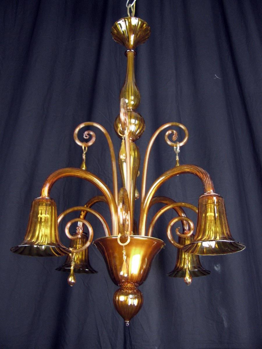 Italian Art Deco Venetian Four-light Chandelier from Murano Amber Blown Glass 1930s