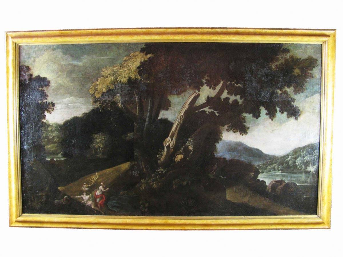 Early 18th century large oil on canvas painting depicting a landscape with figures. Perfect condition, relined and restored set within a modern ocra yellow painted wooden frame. Of Italian origin, this Lombard school work comes from a private