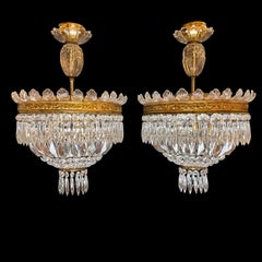 Pair of Italian Circular Crystal and Bronze Ceiling Lights from the 1960s, 3-Light
