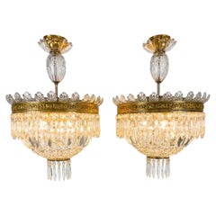 Pair of Italian Circular Crystal and Bronze Ceiling Lights from the 1960s, 3-Light