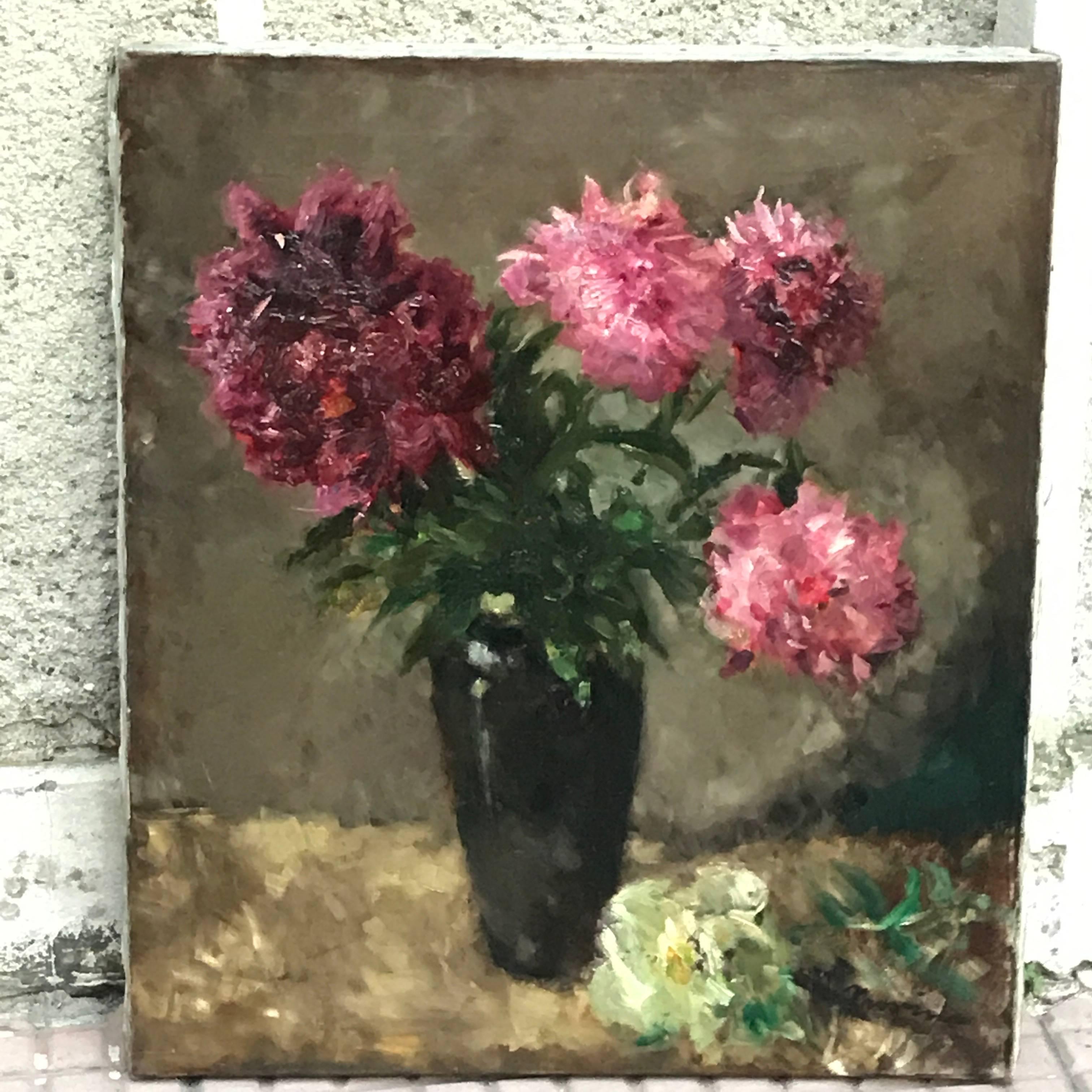 Edmund Pick-Morino Still Life of flowers , an oil on canvas painting signed lower right by the Austro Hungarian painter Edmund Pick-Morino (Vienna 1877-1958 Brussels).

A very decorative and bright flowers painting of polychrome peonies, rose and