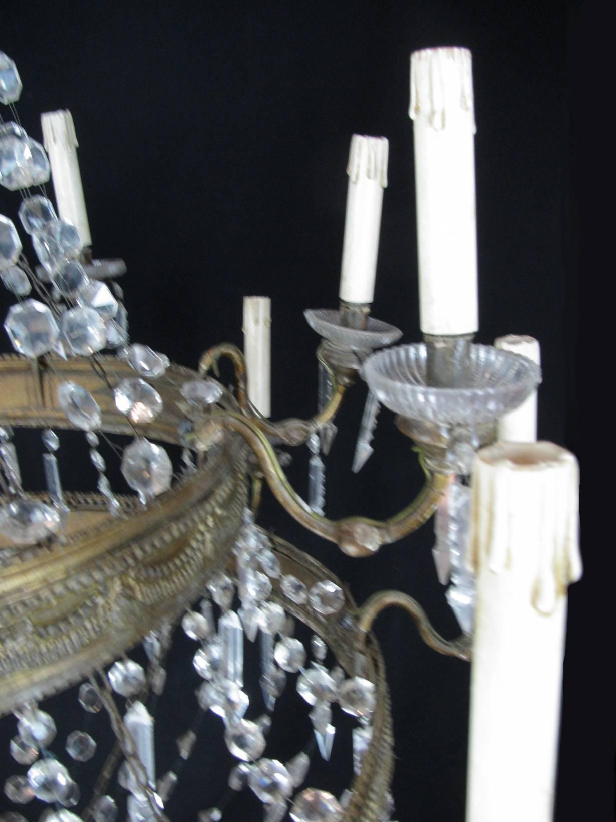 Large 18th Century Italian Empire Chandelier Sixteen-Light Crystal Gilt Brass  11