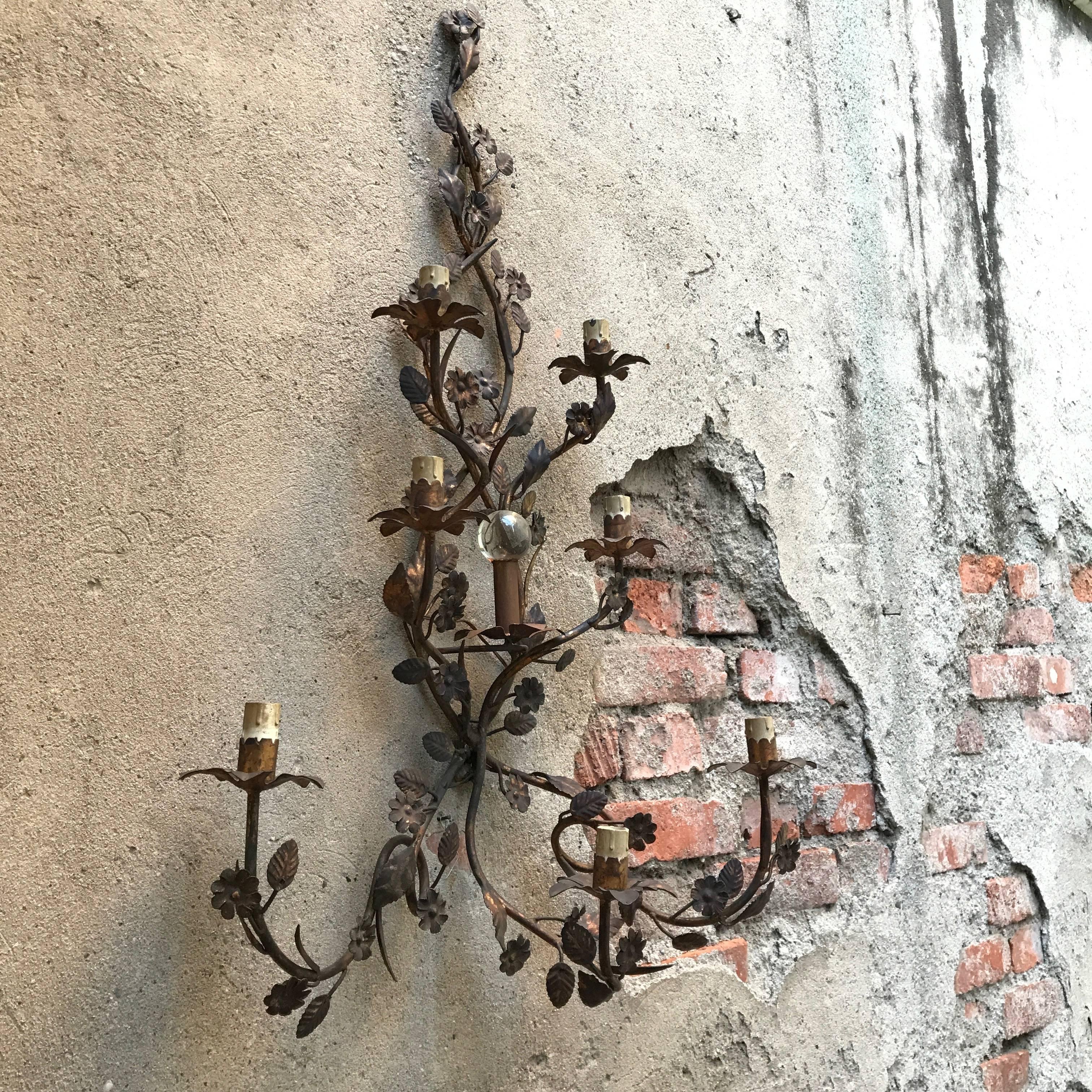 Italian Pair of Large Sconces 20th Century Seven-Light Wrought Iron Wall Lights 3